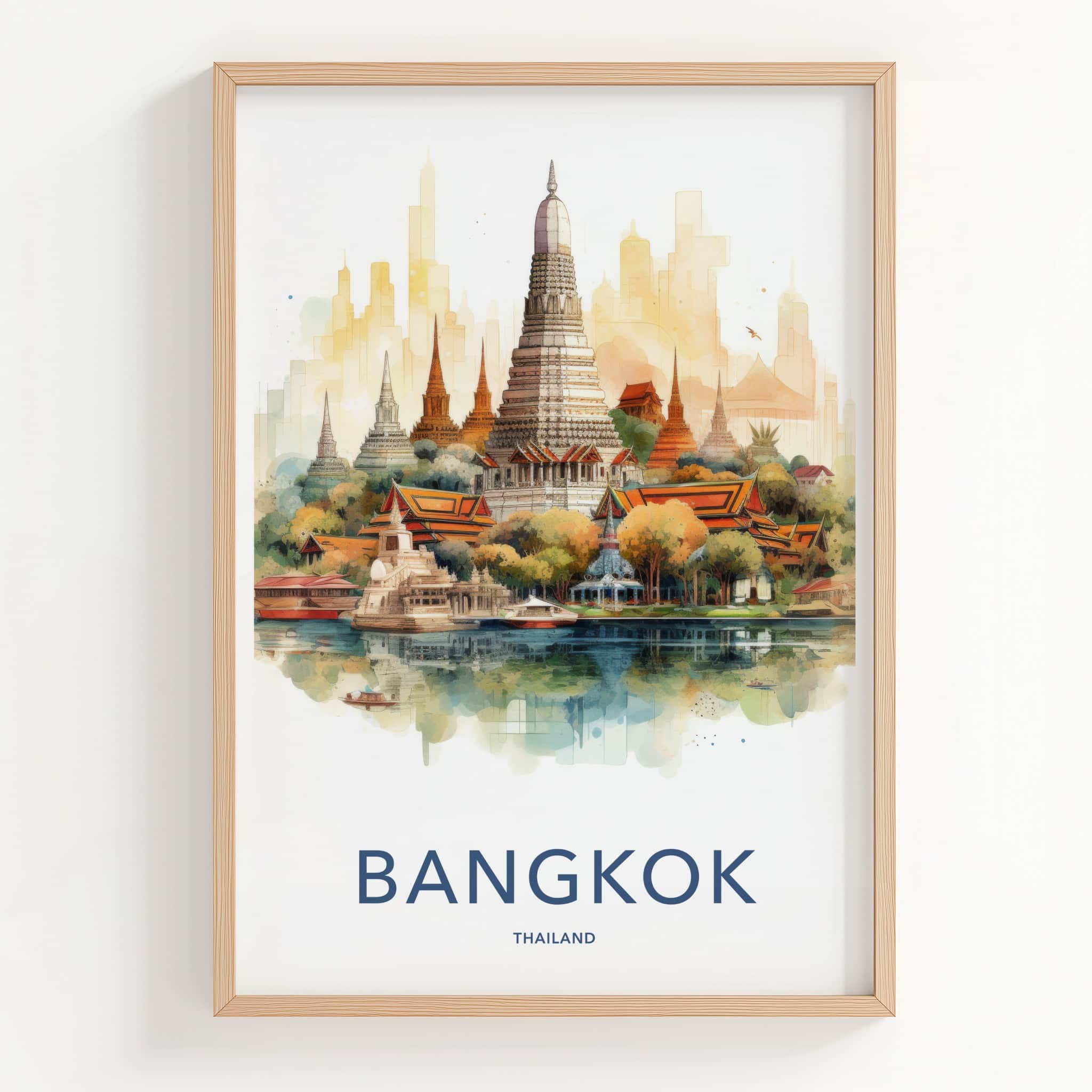 Bangkok Poster - Thailand Travel Art - Temple Waterfront Reflection Home Decor