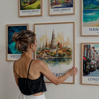 Bangkok Poster - Thailand Travel Art - Temple Waterfront Reflection Home Decor
