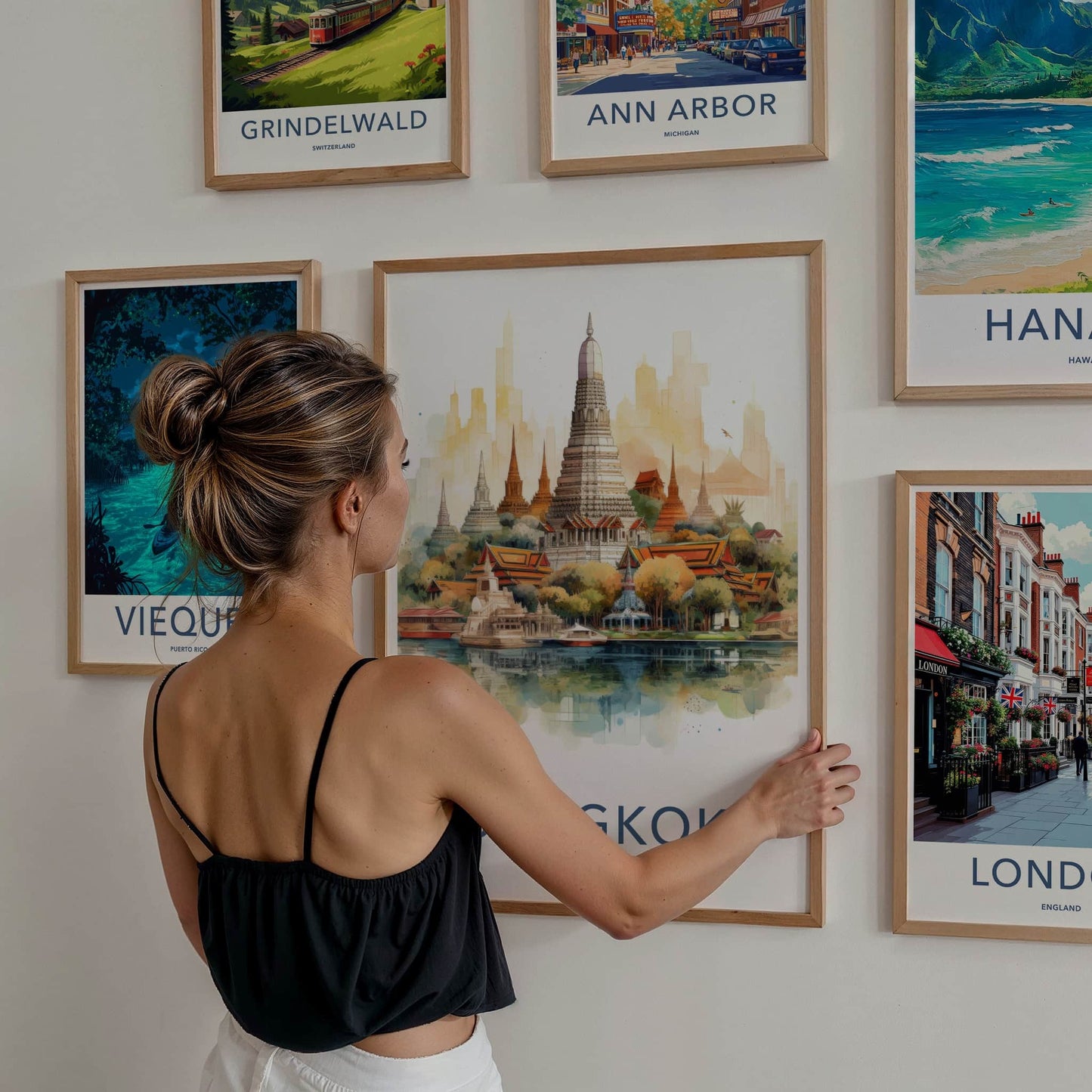 Bangkok Poster - Thailand Travel Art - Temple Waterfront Reflection Home Decor
