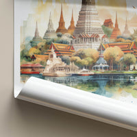 Bangkok Poster - Thailand Travel Art - Temple Waterfront Reflection Home Decor