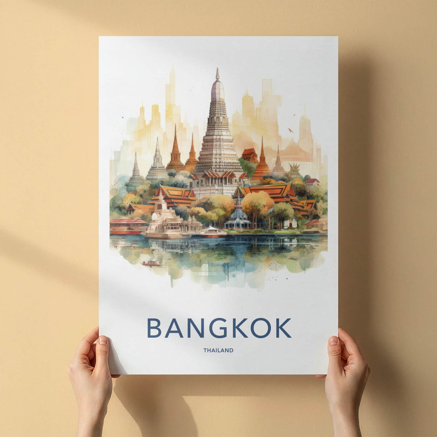 Bangkok Poster - Thailand Travel Art - Temple Waterfront Reflection Home Decor