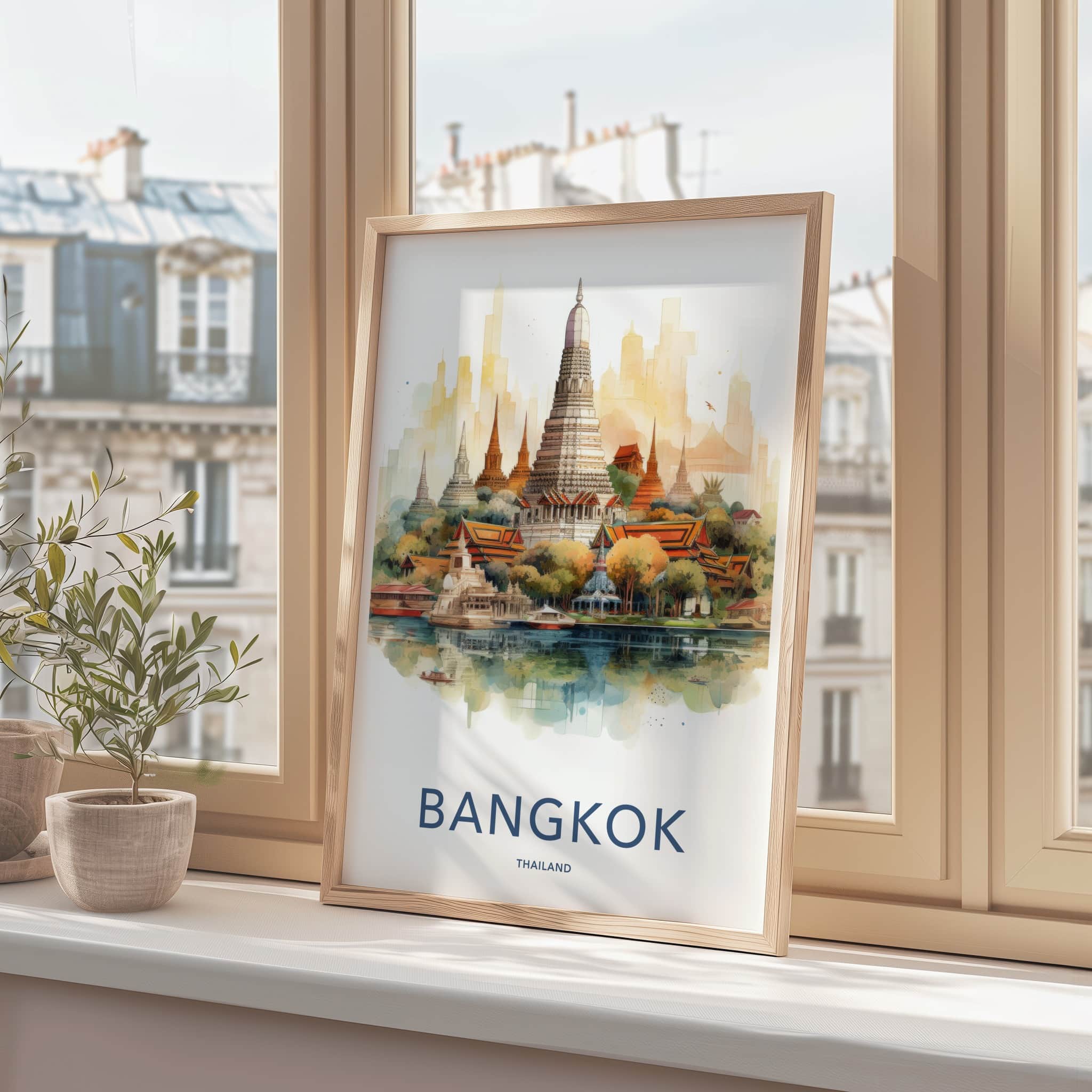 Bangkok Poster - Thailand Travel Art - Temple Waterfront Reflection Home Decor