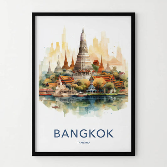 Bangkok Poster - Thailand Travel Art - Temple Waterfront Reflection Home Decor