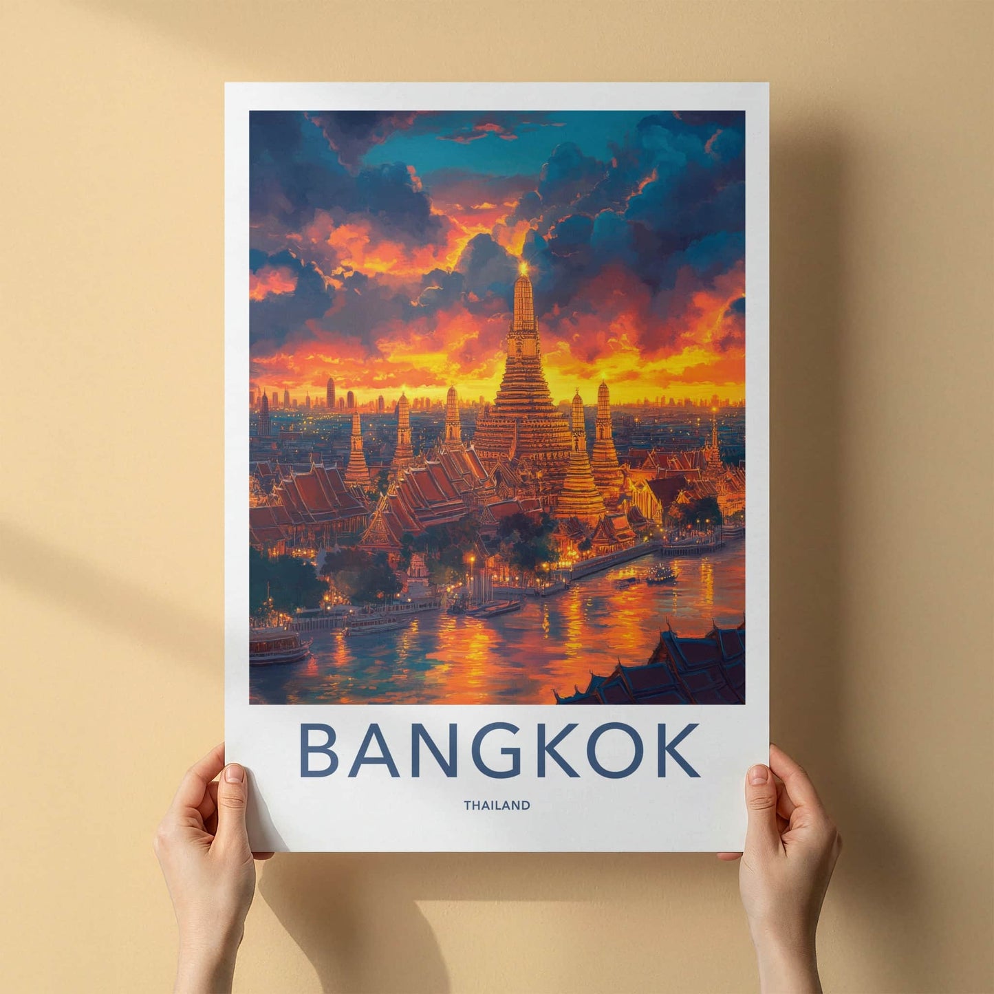Bangkok Poster - Thailand Travel Art - Vibrant Temple River Home Decor