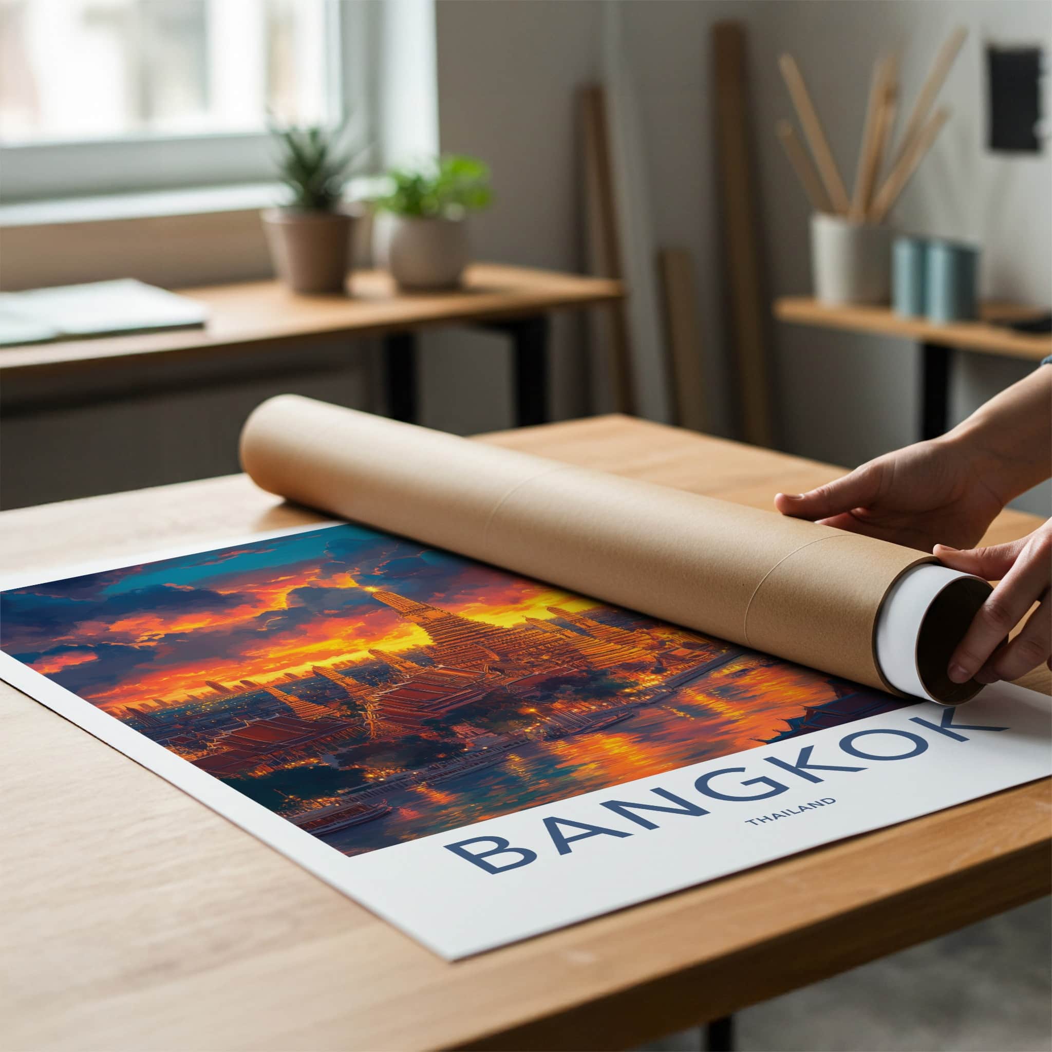 Bangkok Poster - Thailand Travel Art - Vibrant Temple River Home Decor