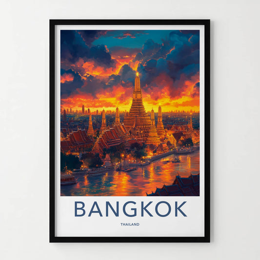 Bangkok Poster - Thailand Travel Art - Vibrant Temple River Home Decor
