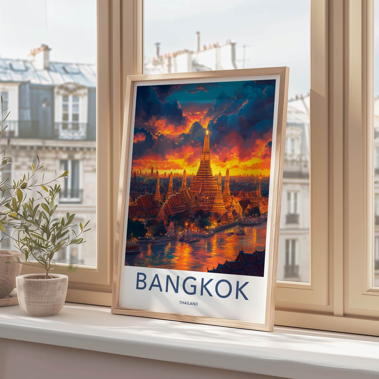 Bangkok Poster - Thailand Travel Art - Vibrant Temple River Home Decor