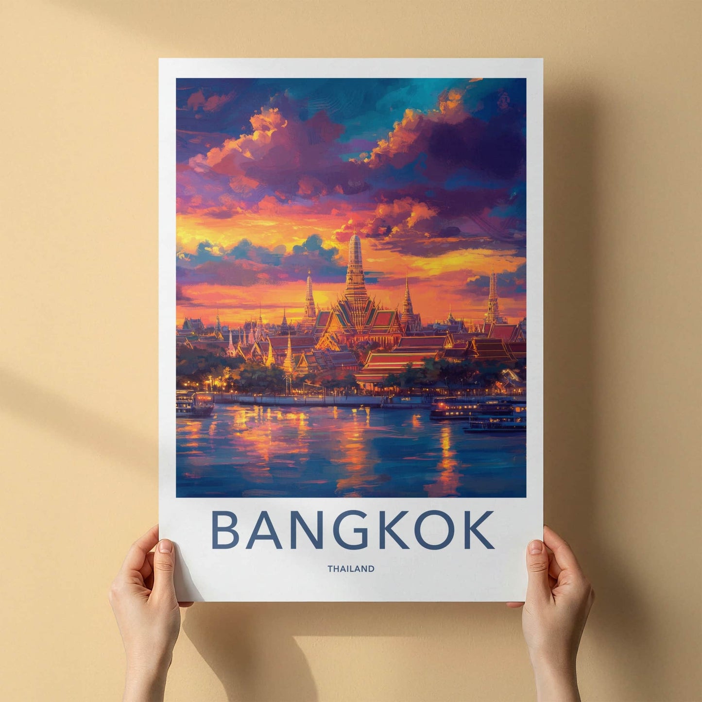 Bangkok Poster - Thailand Travel Art - Vibrant Temple Sunset Home Decor