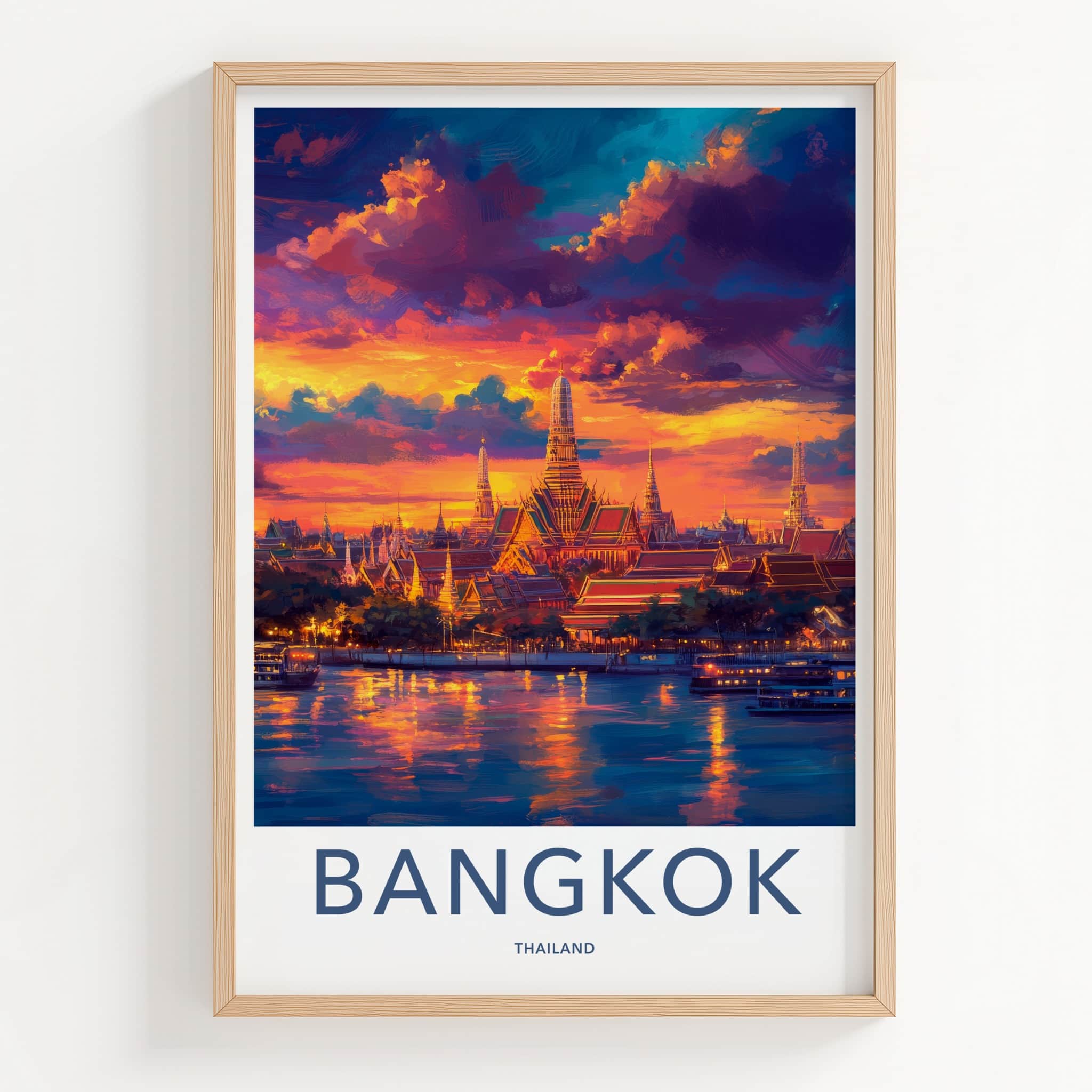 Bangkok Poster - Thailand Travel Art - Vibrant Temple Sunset Home Decor