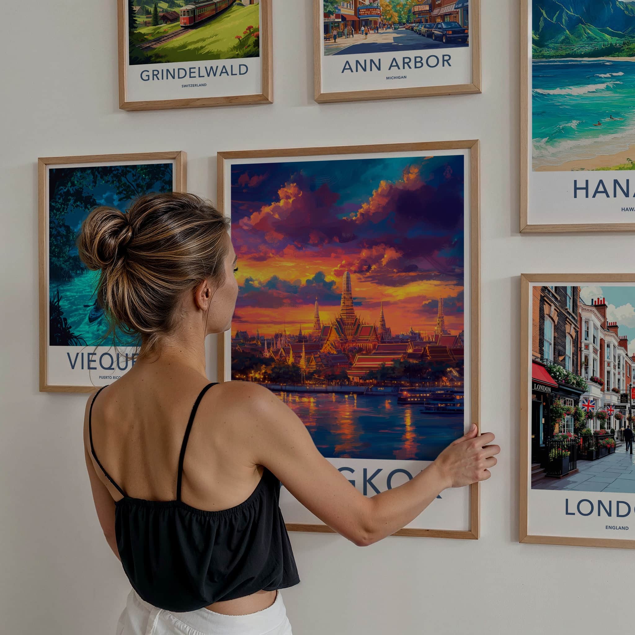 Bangkok Poster - Thailand Travel Art - Vibrant Temple Sunset Home Decor