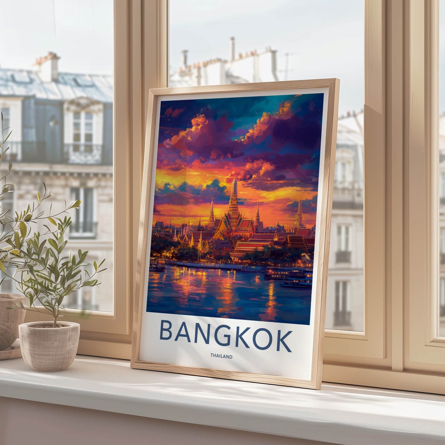 Bangkok Poster - Thailand Travel Art - Vibrant Temple Sunset Home Decor