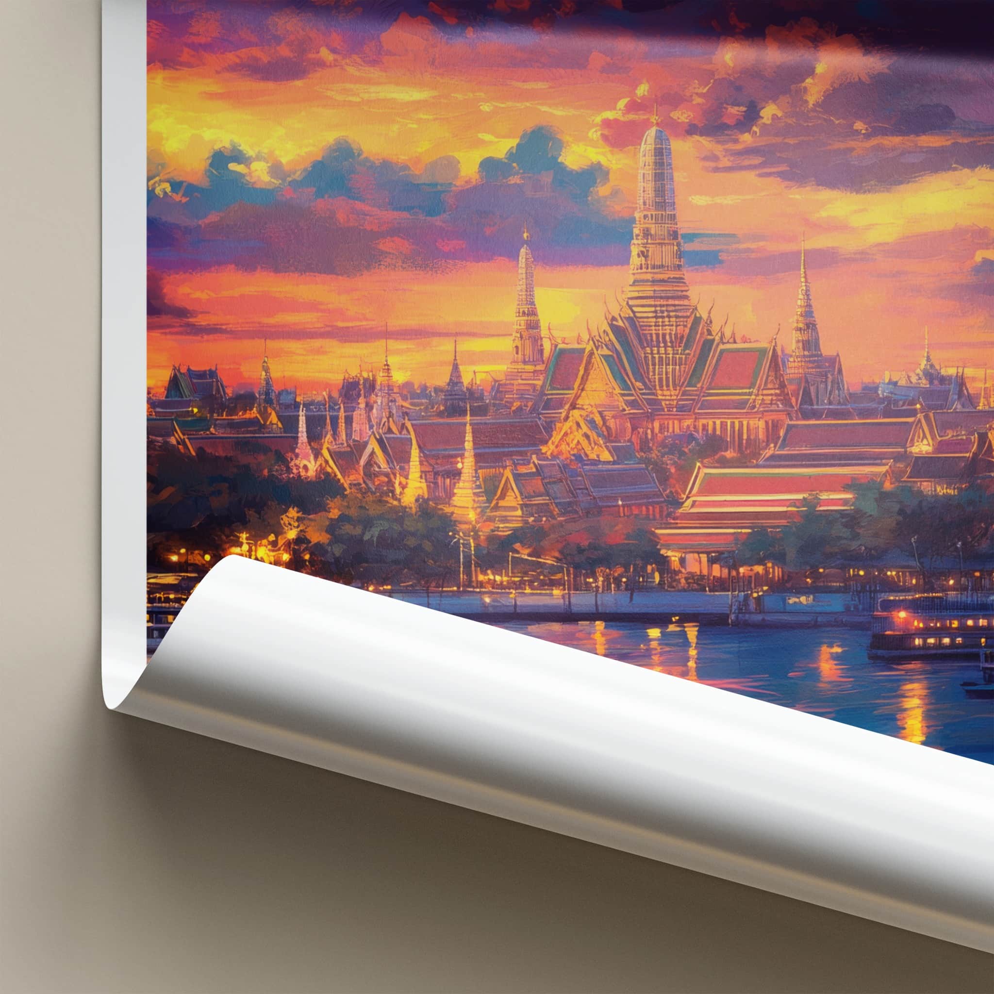 Bangkok Poster - Thailand Travel Art - Vibrant Temple Sunset Home Decor