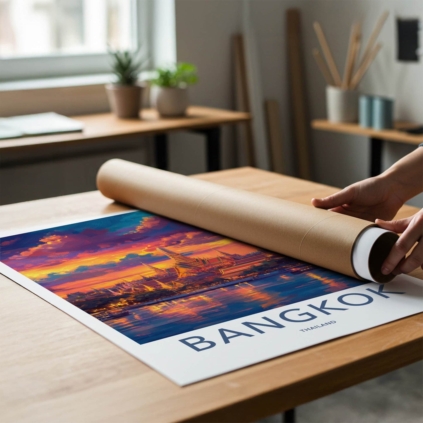 Bangkok Poster - Thailand Travel Art - Vibrant Temple Sunset Home Decor