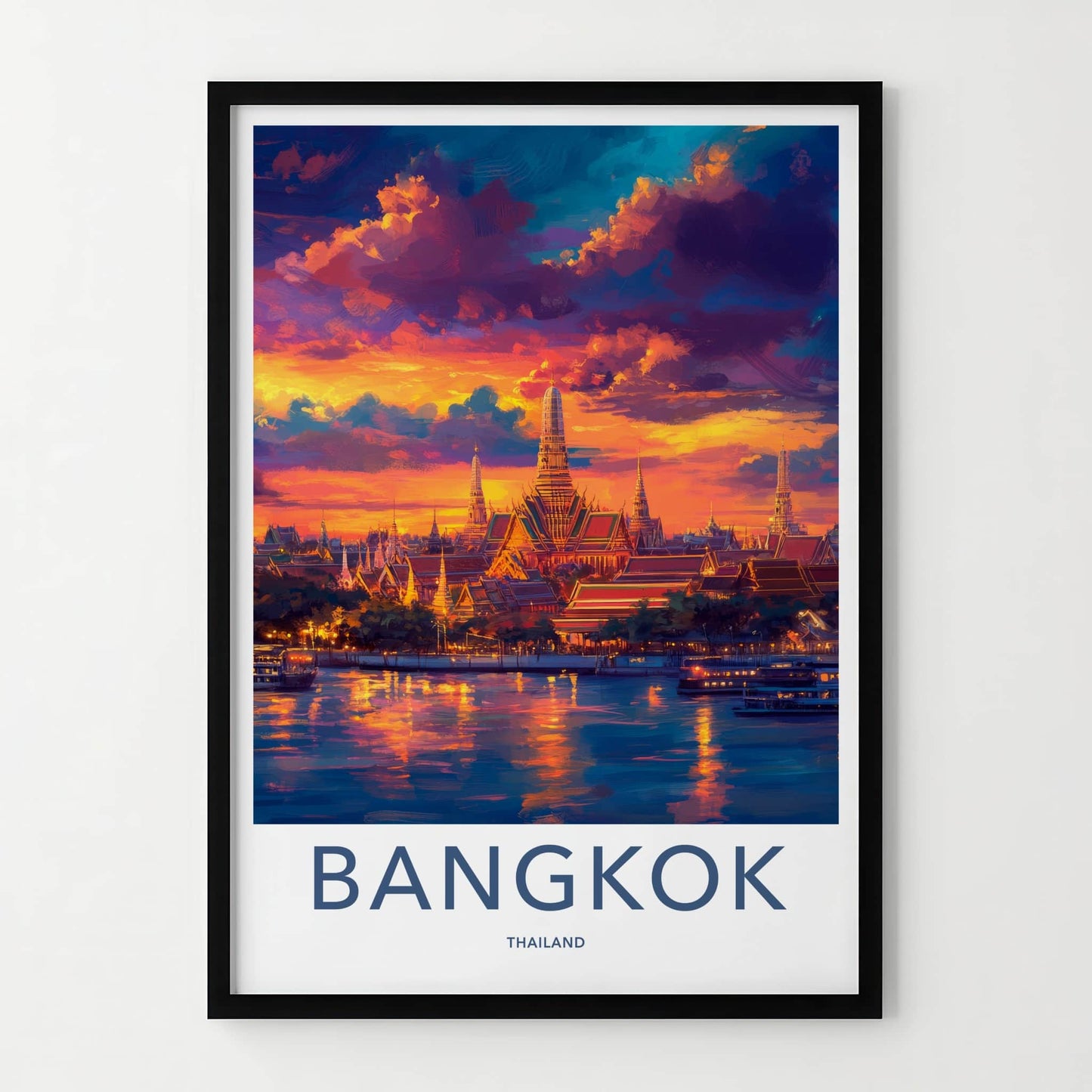 Bangkok Poster - Thailand Travel Art - Vibrant Temple Sunset Home Decor