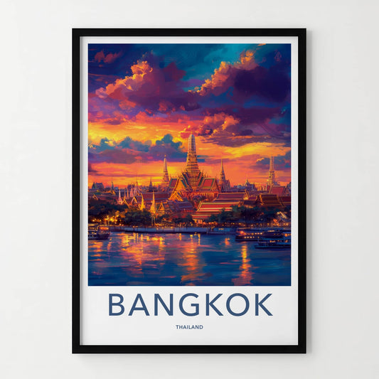 Bangkok Poster - Thailand Travel Art - Vibrant Temple Sunset Home Decor