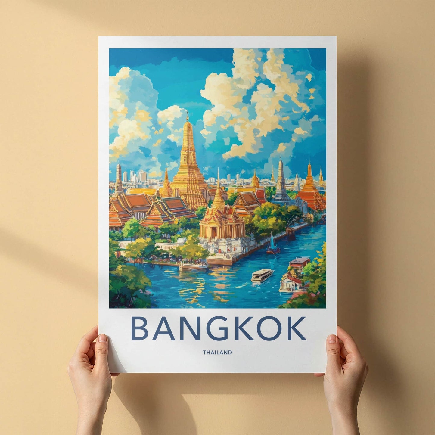 Bangkok Poster - Thailand Wall Art - Golden Temples River Home Decor