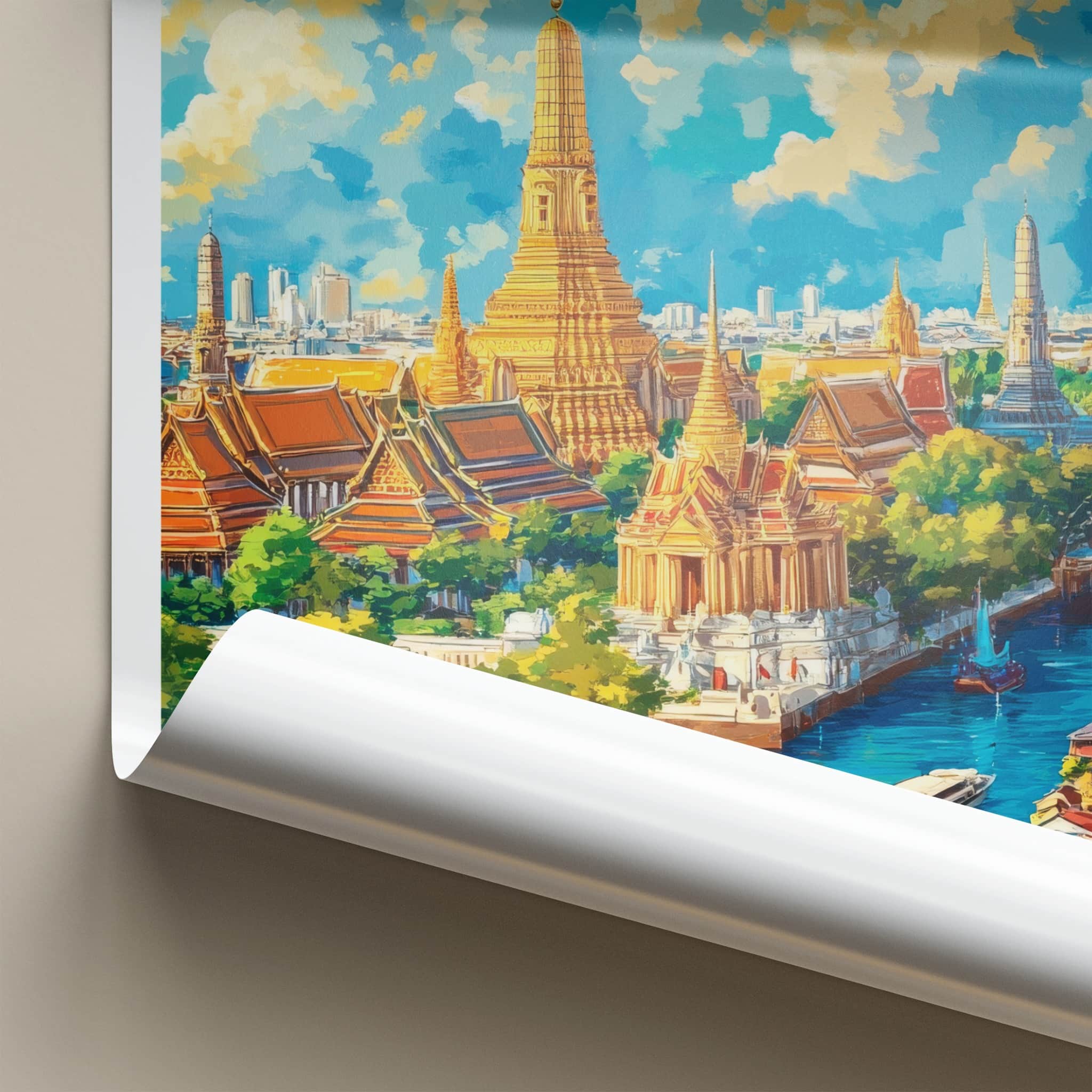 Bangkok Poster - Thailand Wall Art - Golden Temples River Home Decor