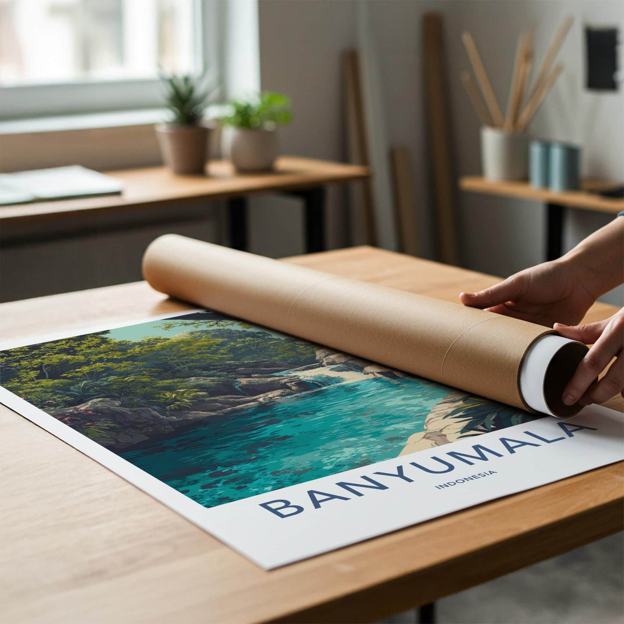 Banyumala Poster - Indonesia Scenic Art - Lush Tropical Cascade Room Decor
