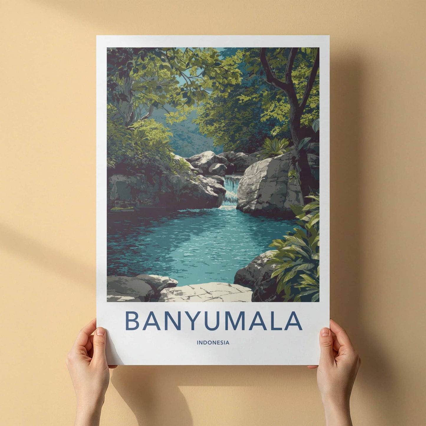 Banyumala Poster - Indonesia Travel Art - Green Forest Waterfall Home Decor