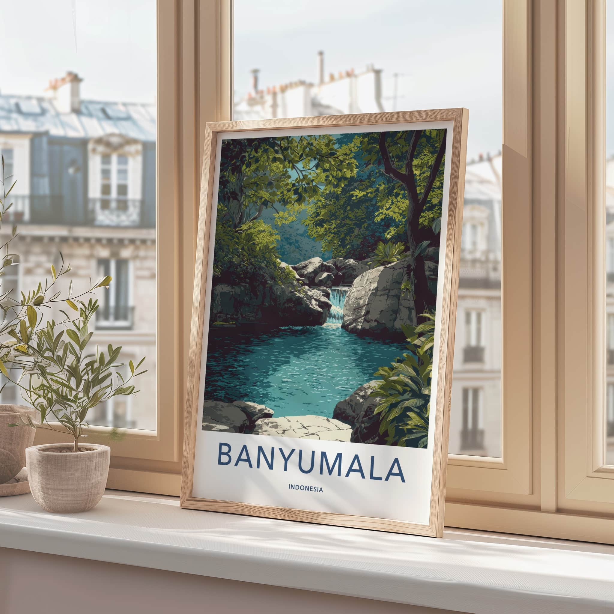 Banyumala Poster - Indonesia Travel Art - Green Forest Waterfall Home Decor