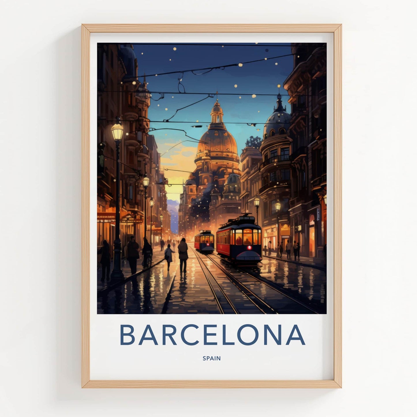 Barcelona Poster - Spain Art Print - Historic Tramway Evening Wall Decor