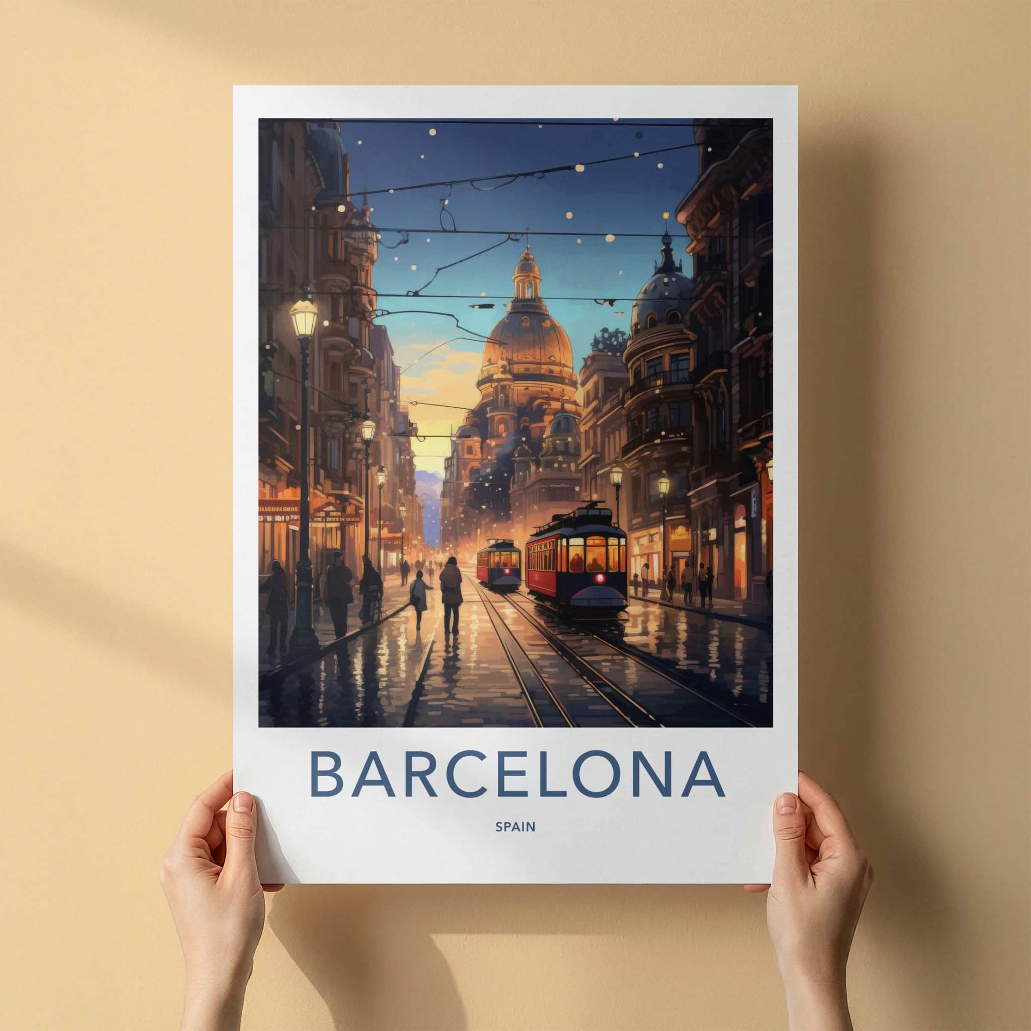 Barcelona Poster - Spain Art Print - Historic Tramway Evening Wall Decor