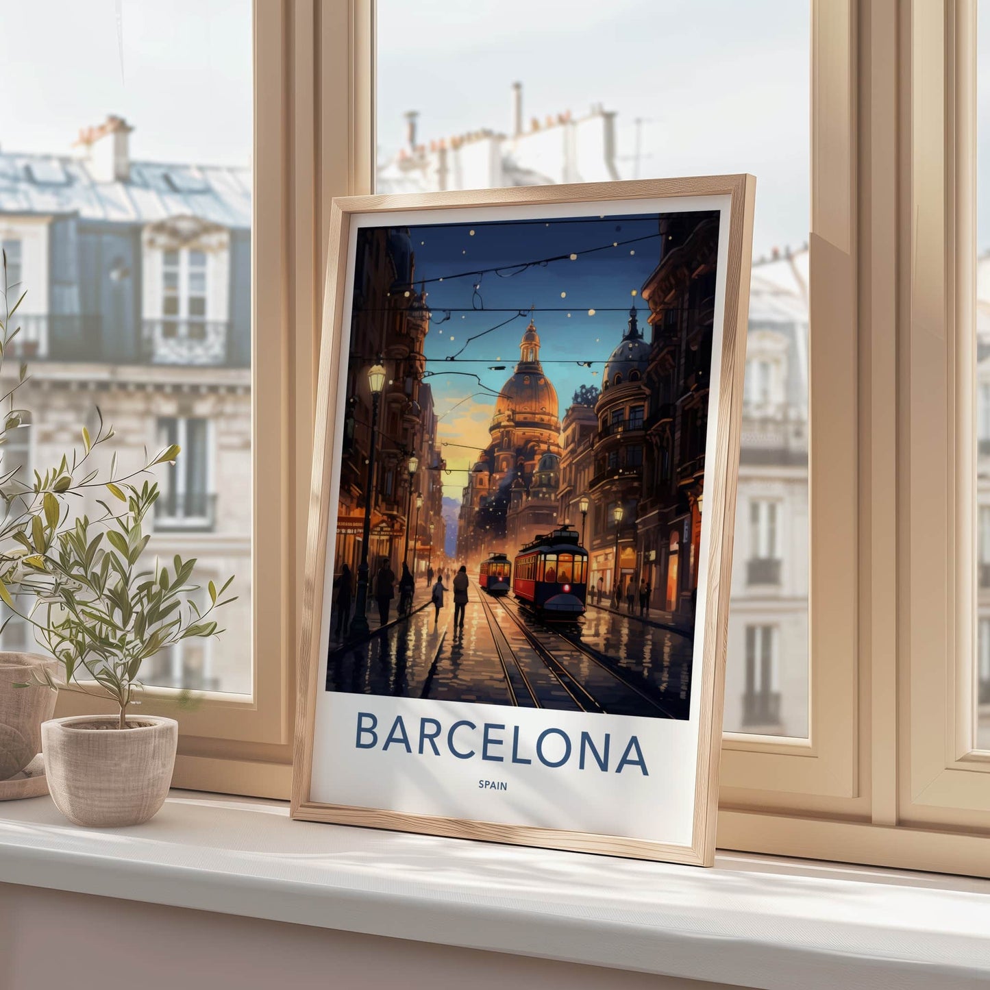 Barcelona Poster - Spain Art Print - Historic Tramway Evening Wall Decor