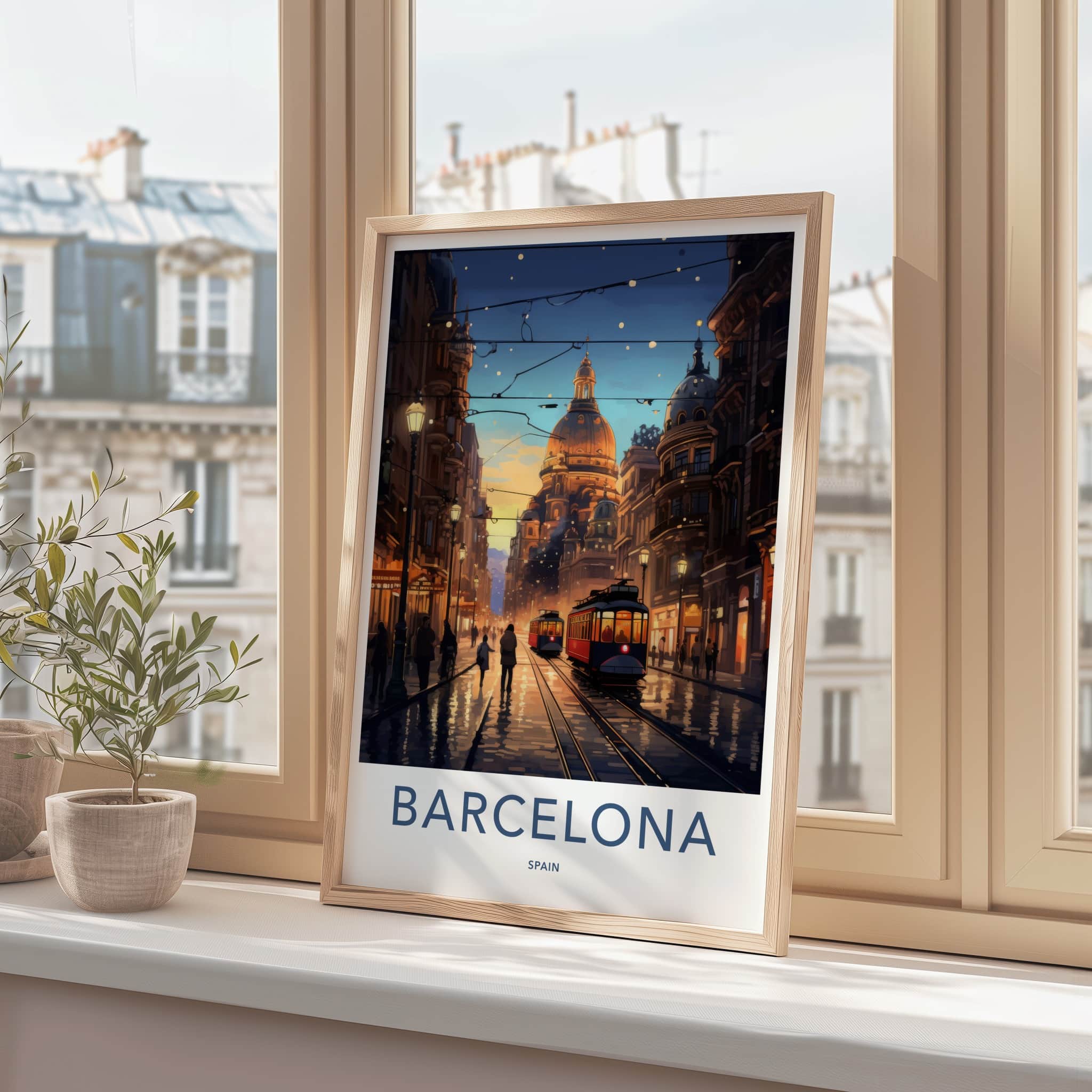 Barcelona Poster - Spain Art Print - Historic Tramway Evening Wall Decor