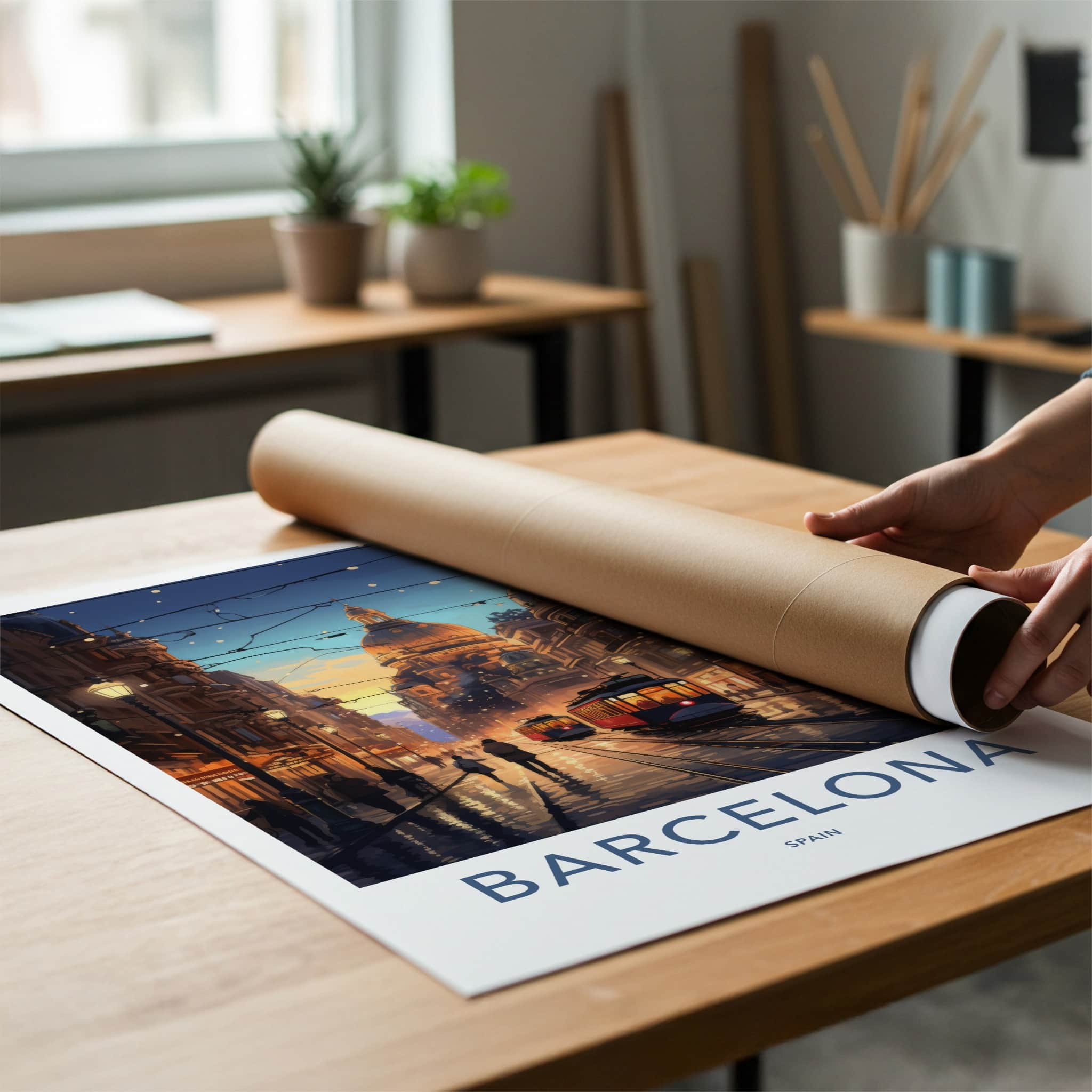 Barcelona Poster - Spain Art Print - Historic Tramway Evening Wall Decor