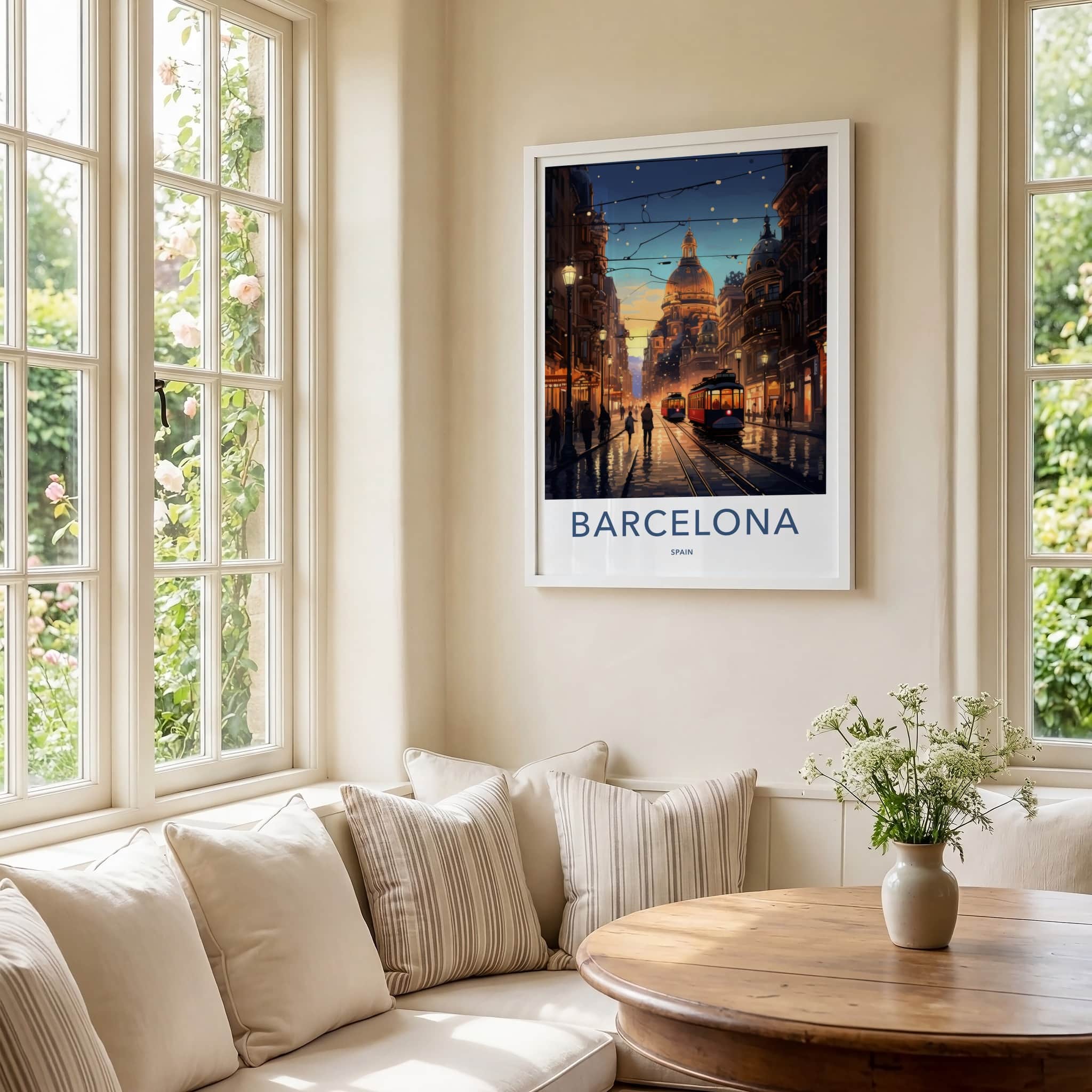 Barcelona Poster - Spain Art Print - Historic Tramway Evening Wall Decor
