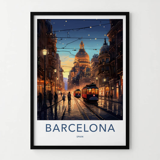 Barcelona Poster - Spain Art Print - Historic Tramway Evening Wall Decor