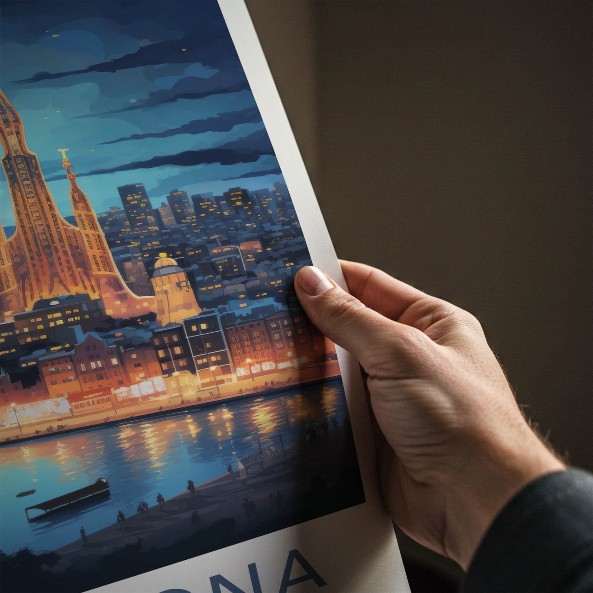 Barcelona Poster - Spain Travel Art - Cityscape River Reflections Wall Decor