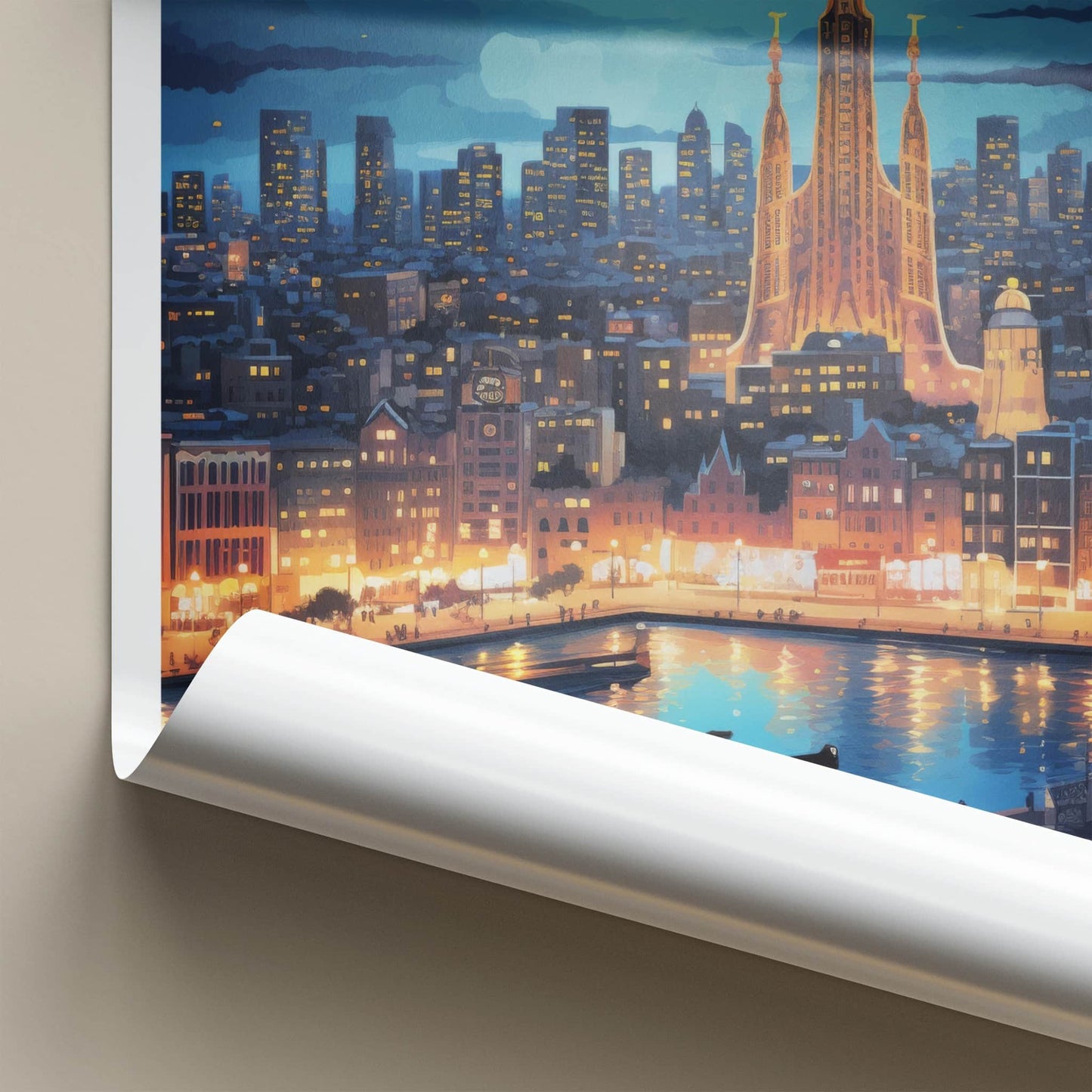 Barcelona Poster - Spain Travel Art - Cityscape River Reflections Wall Decor