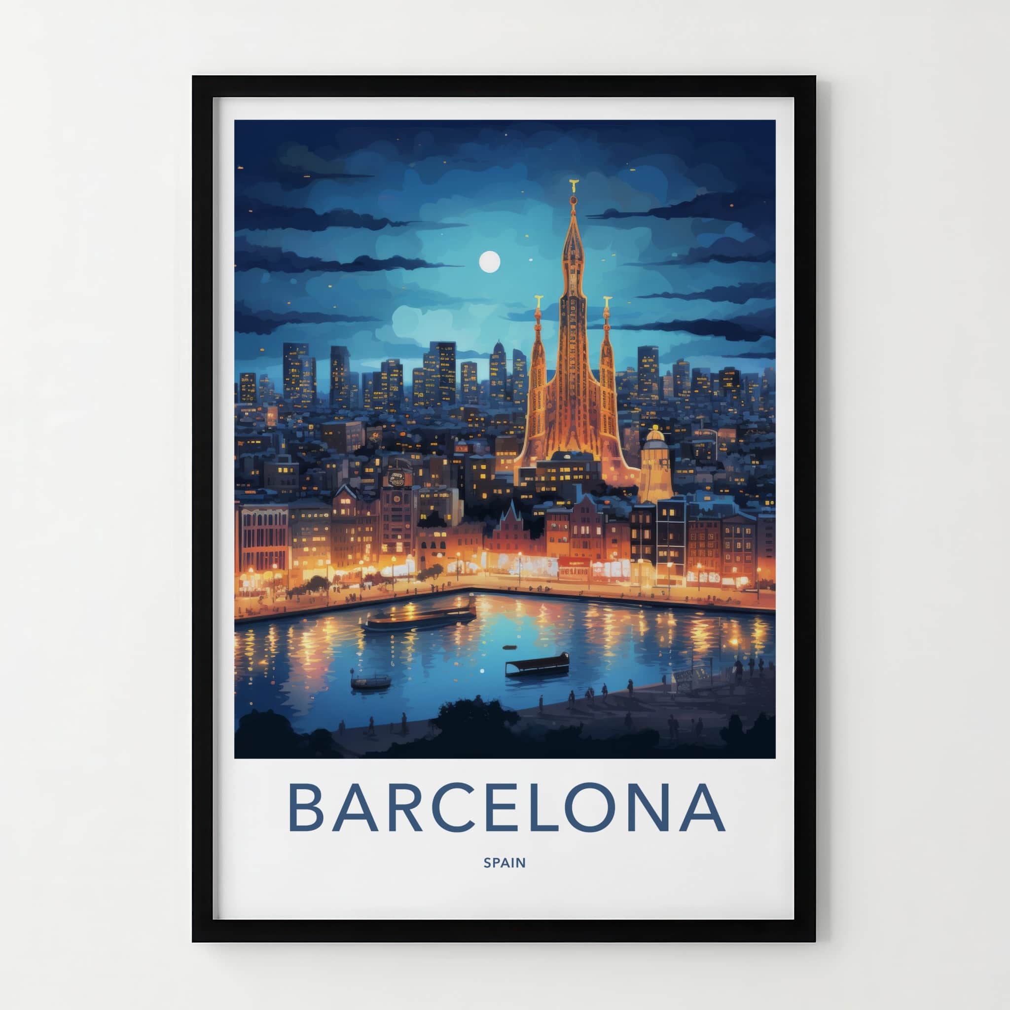 Barcelona Poster - Spain Travel Art - Cityscape River Reflections Wall Decor
