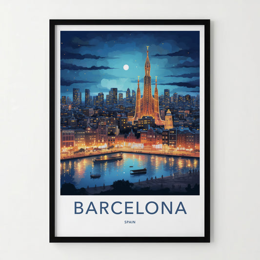 Barcelona Poster - Spain Travel Art - Cityscape River Reflections Wall Decor