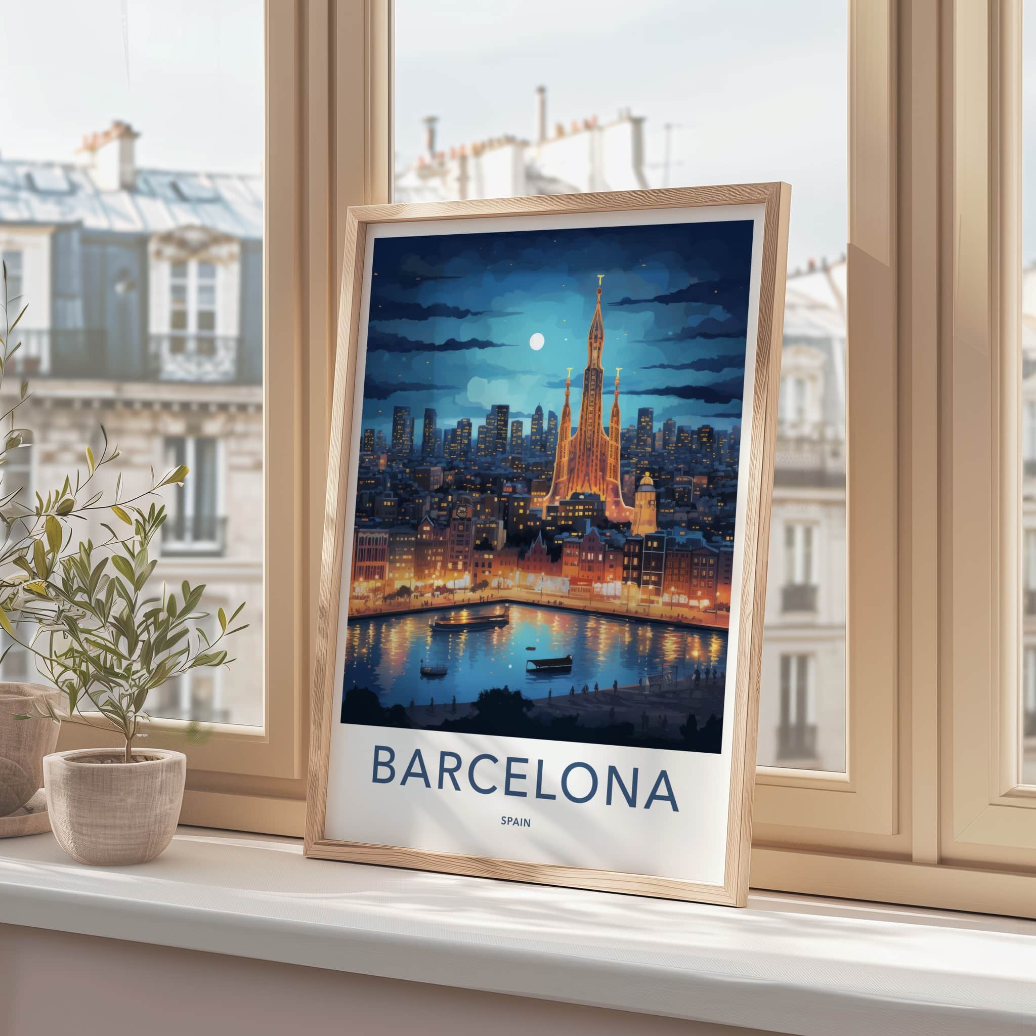Barcelona Poster - Spain Travel Art - Cityscape River Reflections Wall Decor