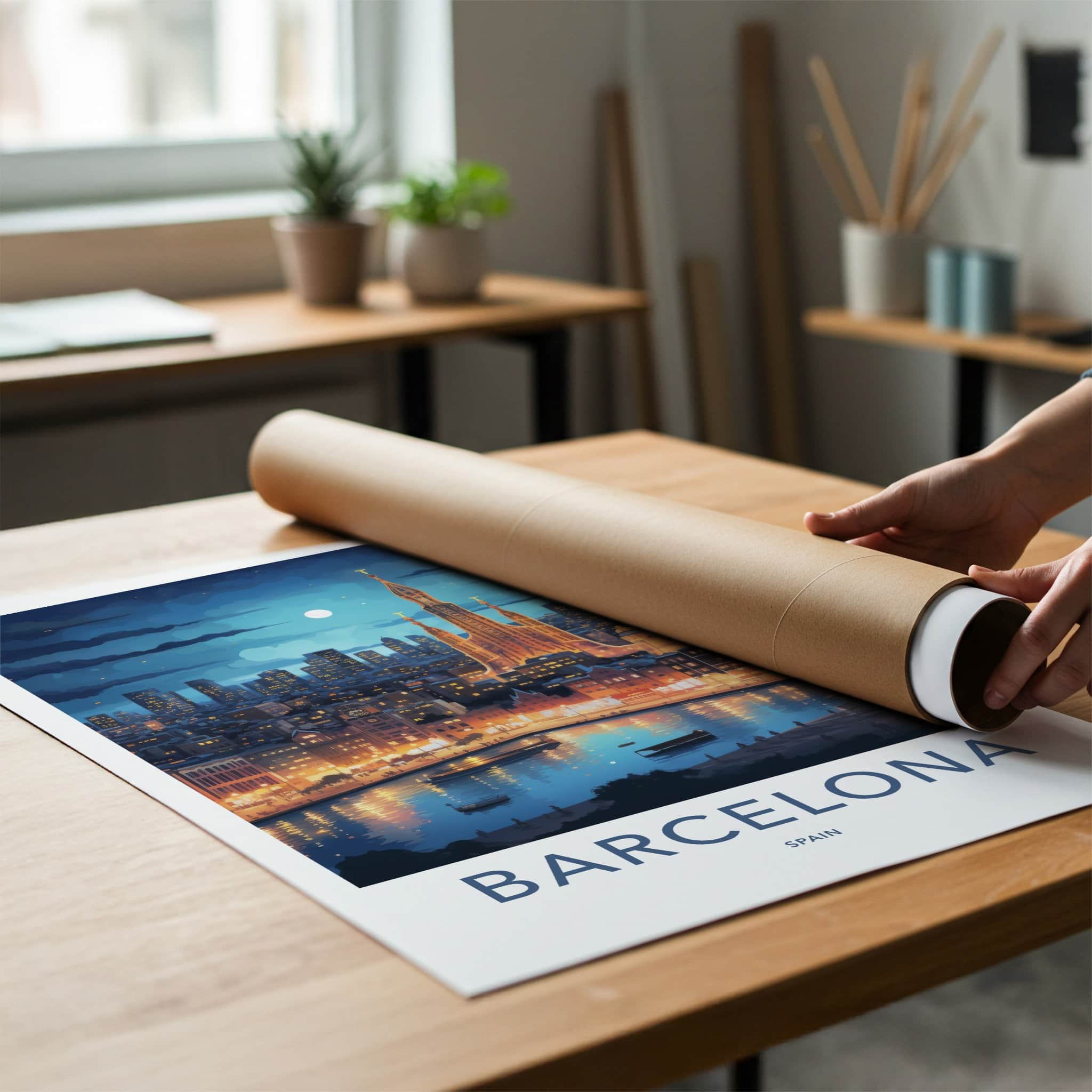 Barcelona Poster - Spain Travel Art - Cityscape River Reflections Wall Decor