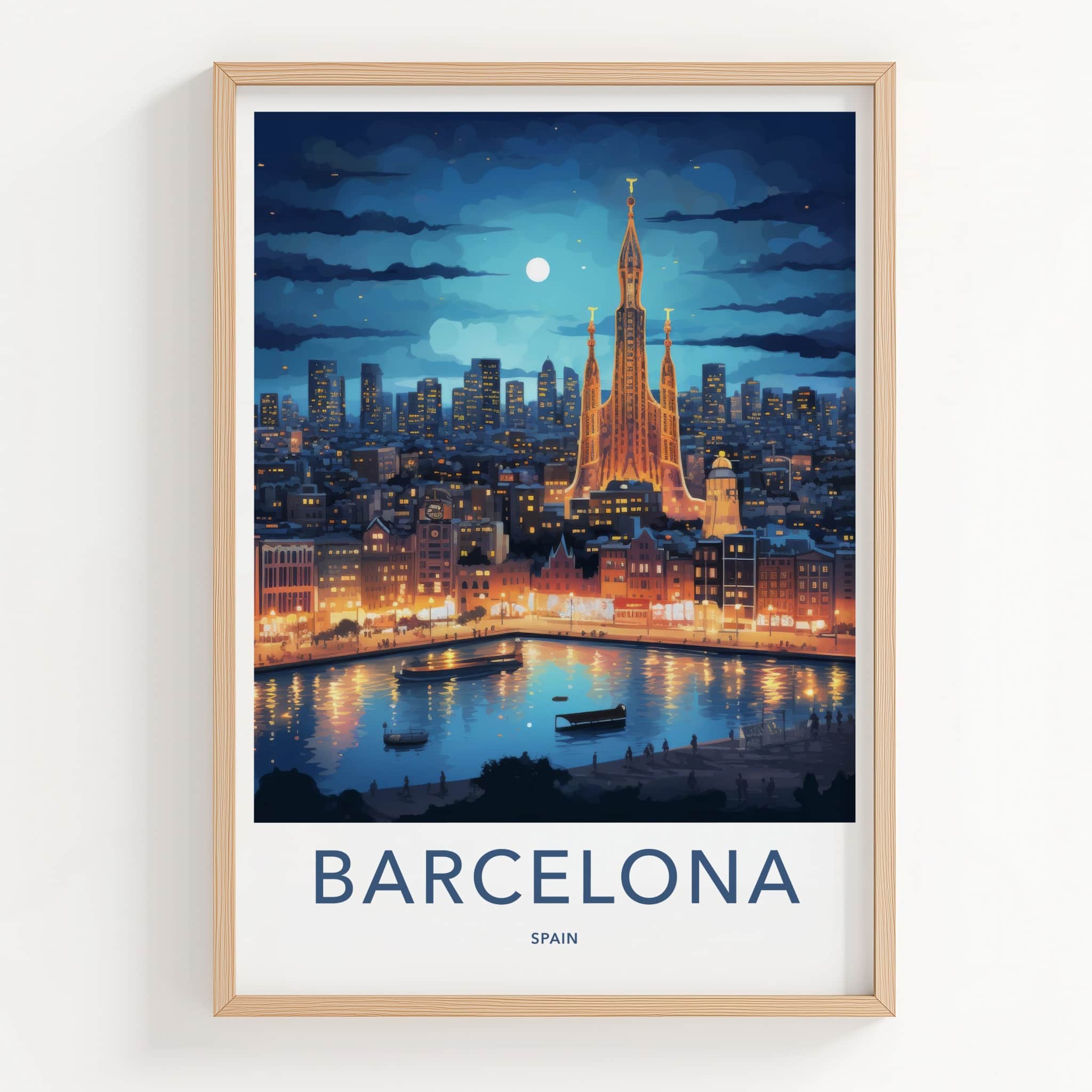 Barcelona Poster - Spain Travel Art - Cityscape River Reflections Wall Decor
