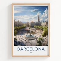 Barcelona Poster - Spain Travel Art - Grand Plaza Fountain Home Decor