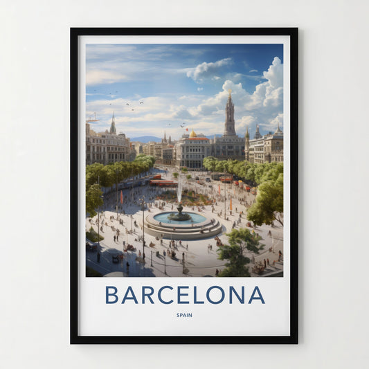 Barcelona Poster - Spain Travel Art - Grand Plaza Fountain Home Decor