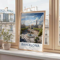 Barcelona Poster - Spain Travel Art - Grand Plaza Fountain Home Decor