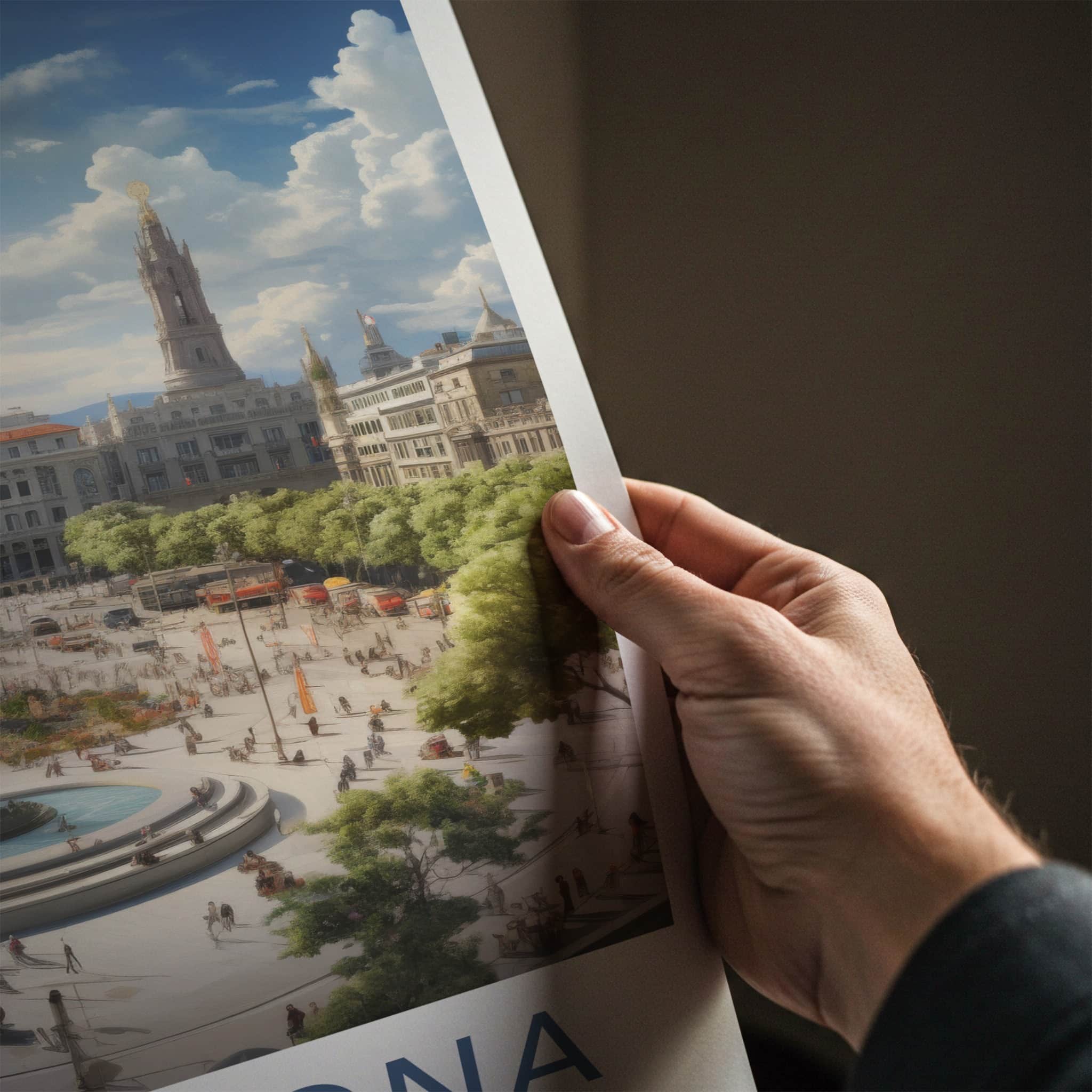 Barcelona Poster - Spain Travel Art - Grand Plaza Fountain Home Decor