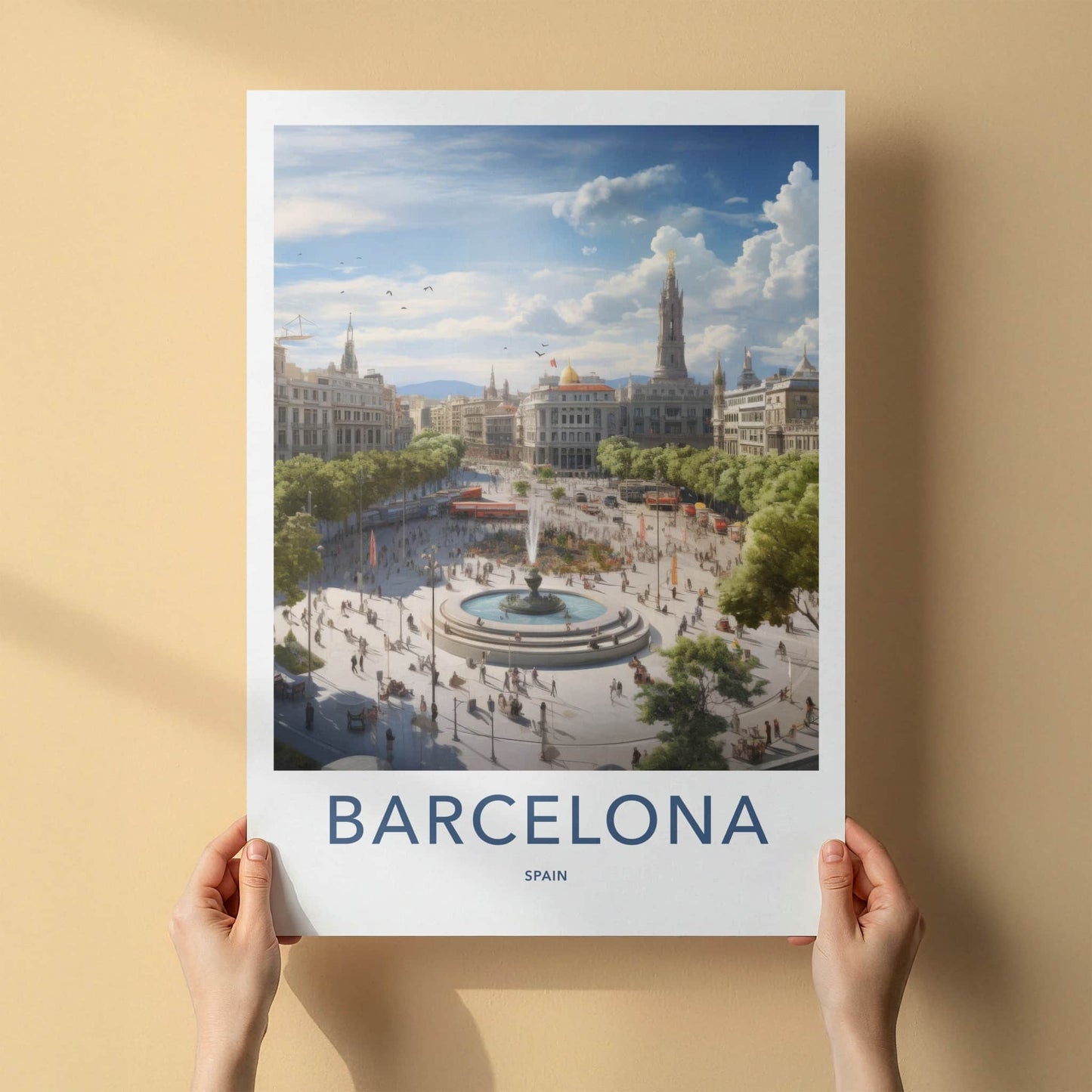 Barcelona Poster - Spain Travel Art - Grand Plaza Fountain Home Decor