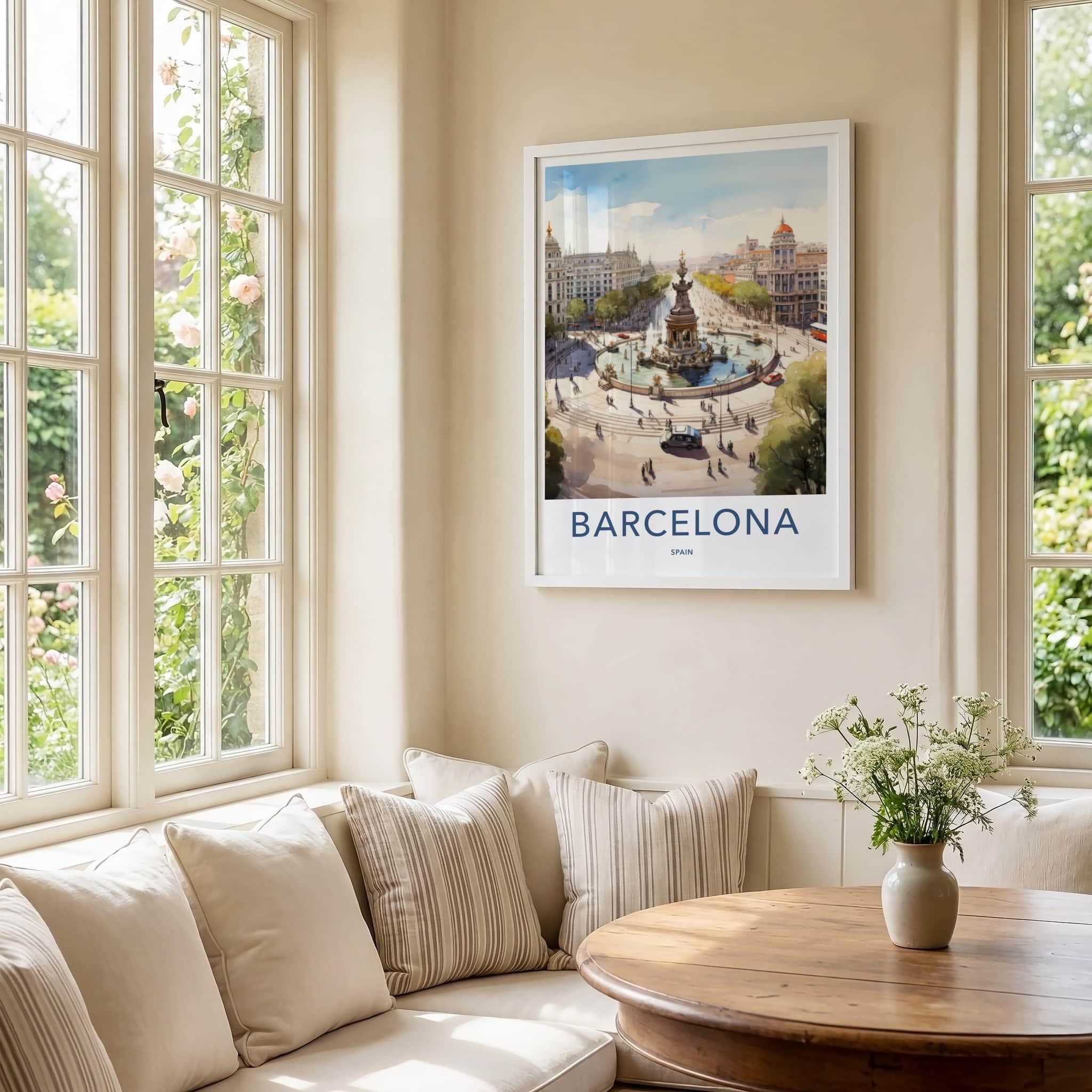 Barcelona Poster - Spain Travel Art - Historic Fountain Square Home Decor