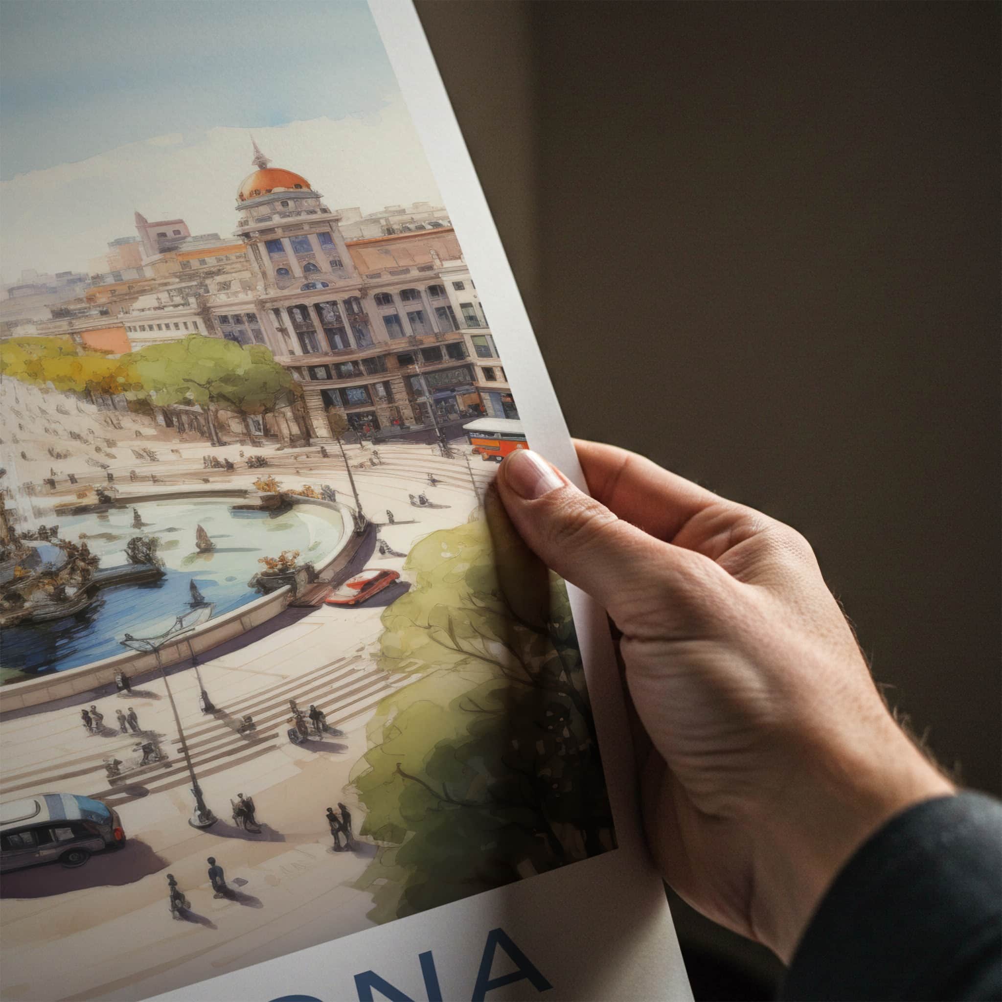 Barcelona Poster - Spain Travel Art - Historic Fountain Square Home Decor