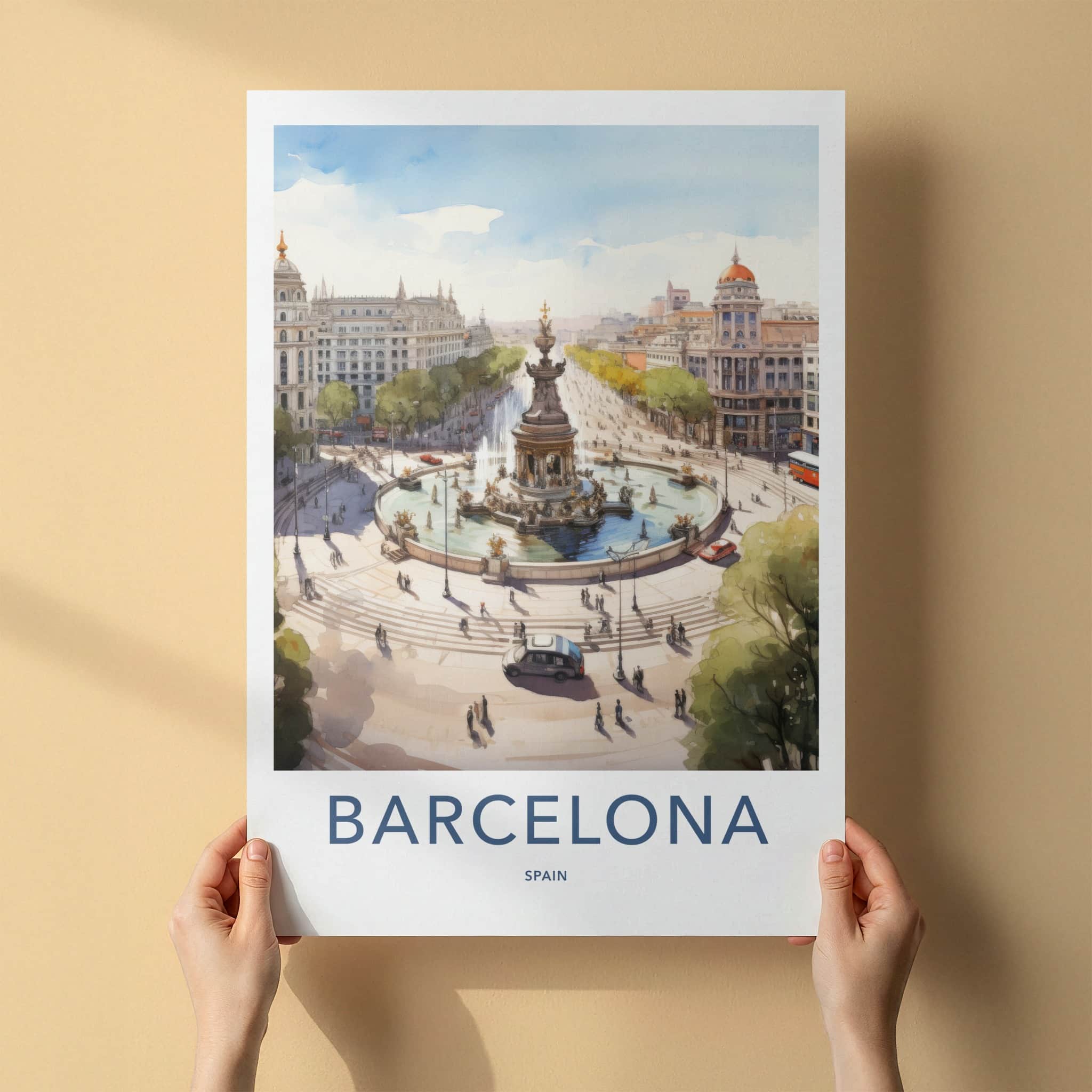 Barcelona Poster - Spain Travel Art - Historic Fountain Square Home Decor
