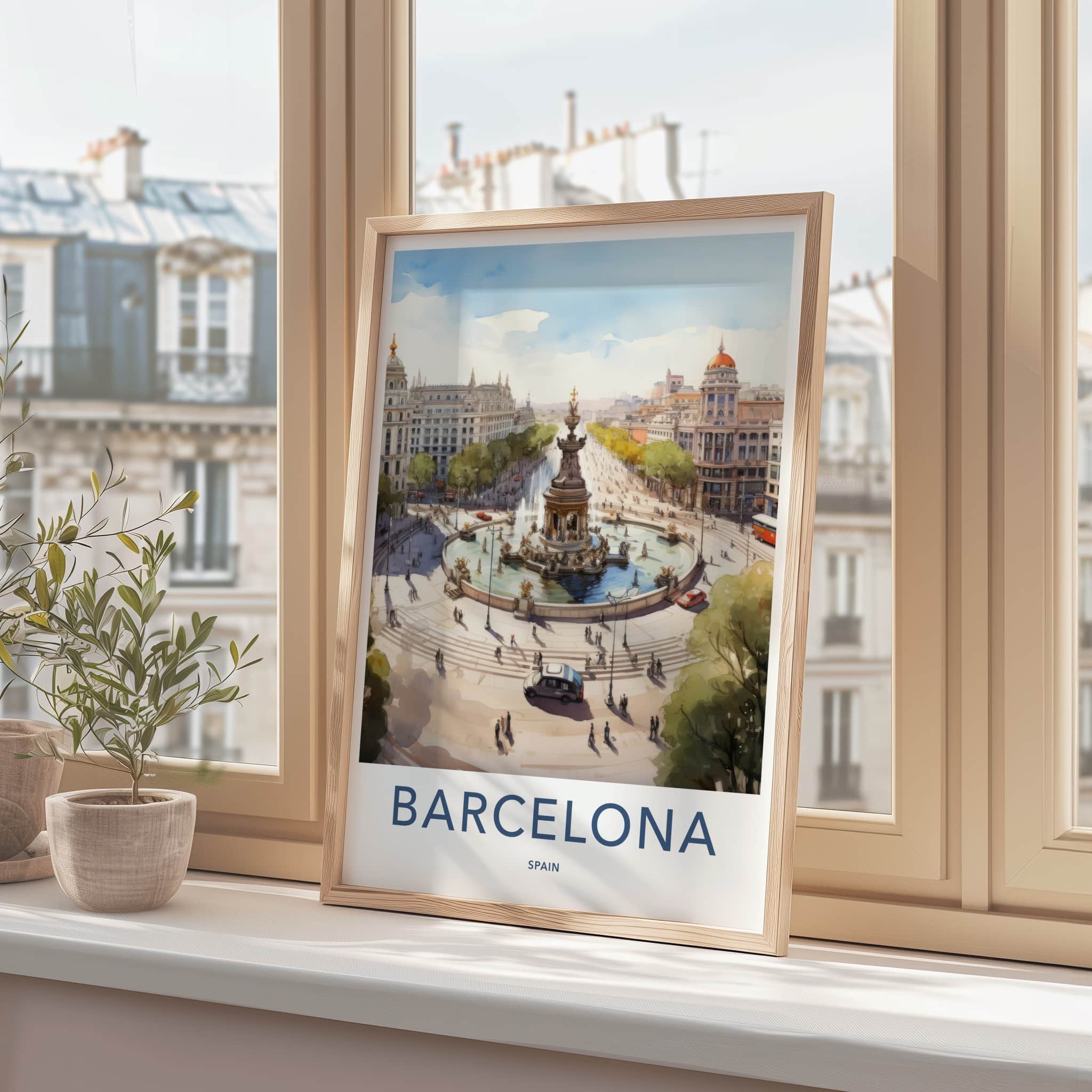 Barcelona Poster - Spain Travel Art - Historic Fountain Square Home Decor