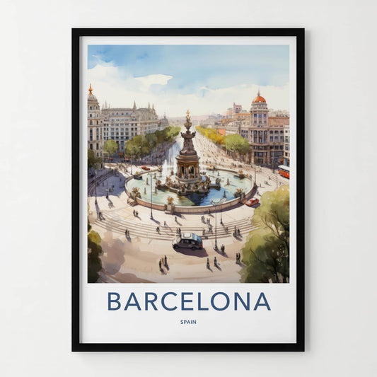 Barcelona Poster - Spain Travel Art - Historic Fountain Square Home Decor