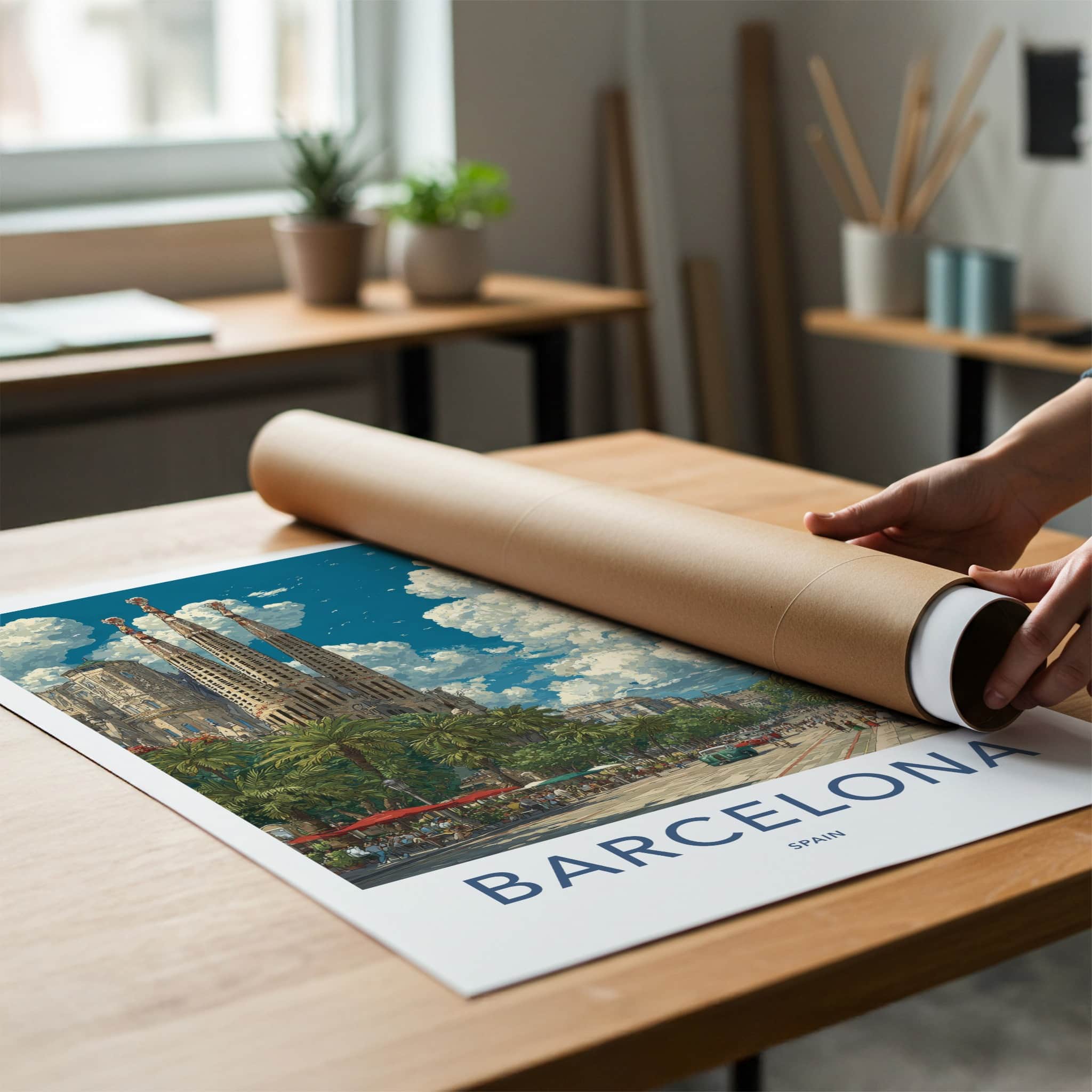 Barcelona Poster - Spain Travel Art - Sagrada Familia Street Wall Decor