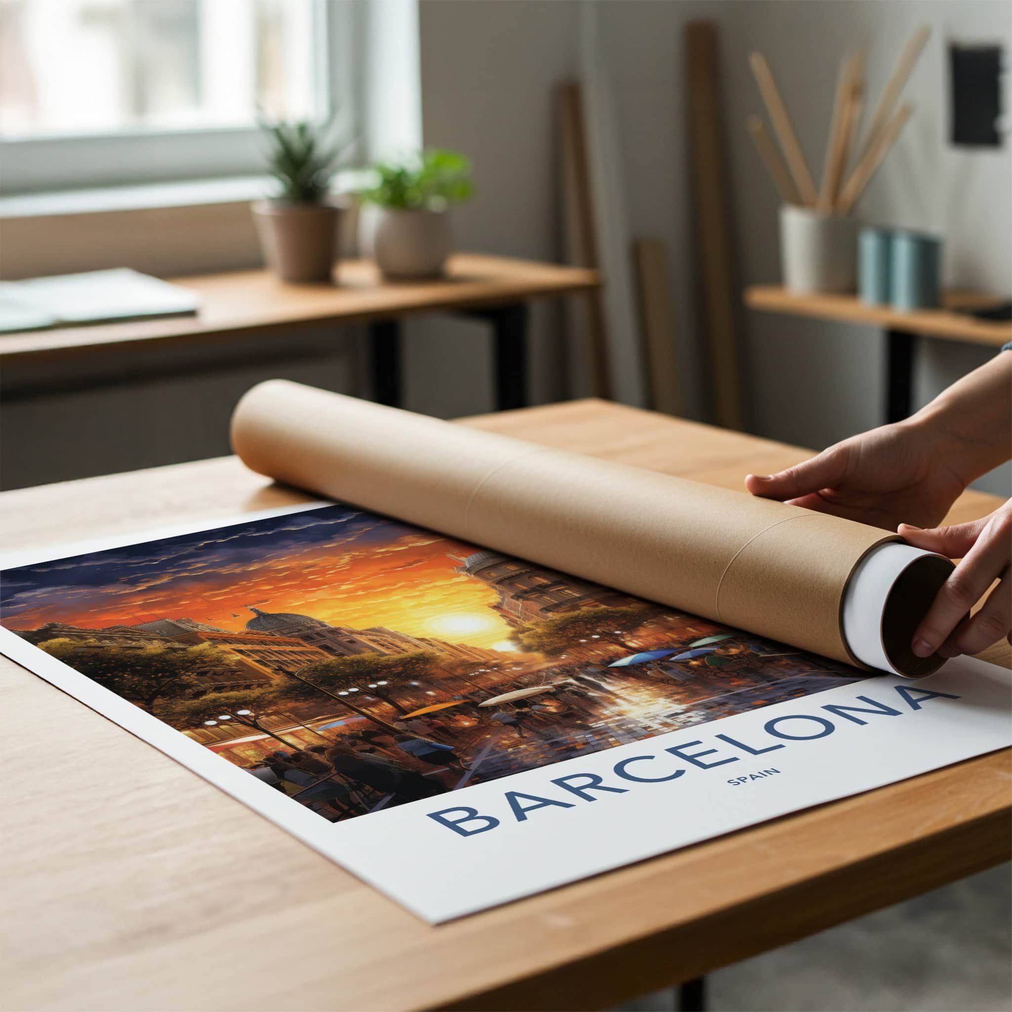 Barcelona Poster - Spain Travel Art - Vibrant City Sunset Home Decor